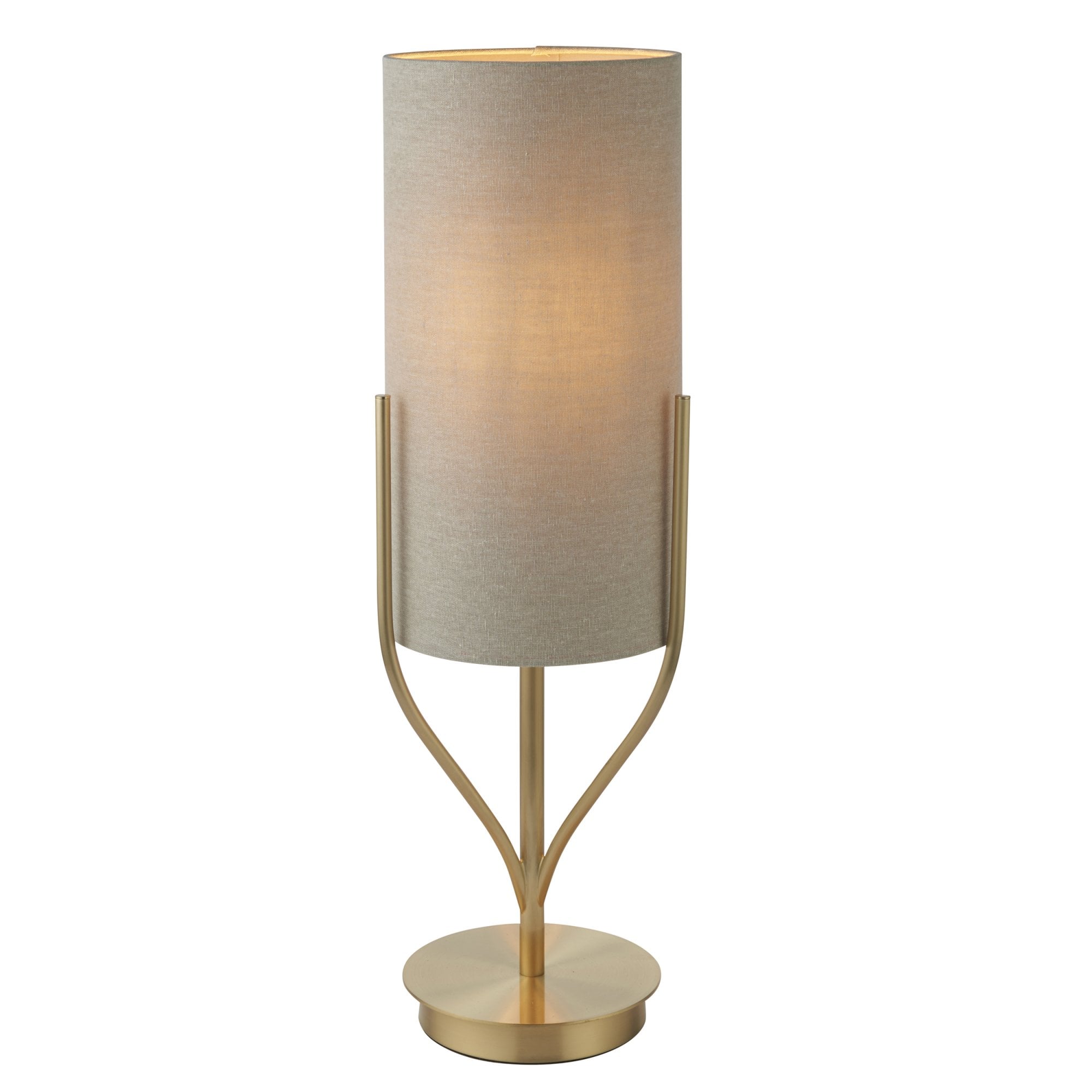 Endon Fraser Single Light Table Lamp - Satin Brass Plate & Neutral Linen Mix Fabric