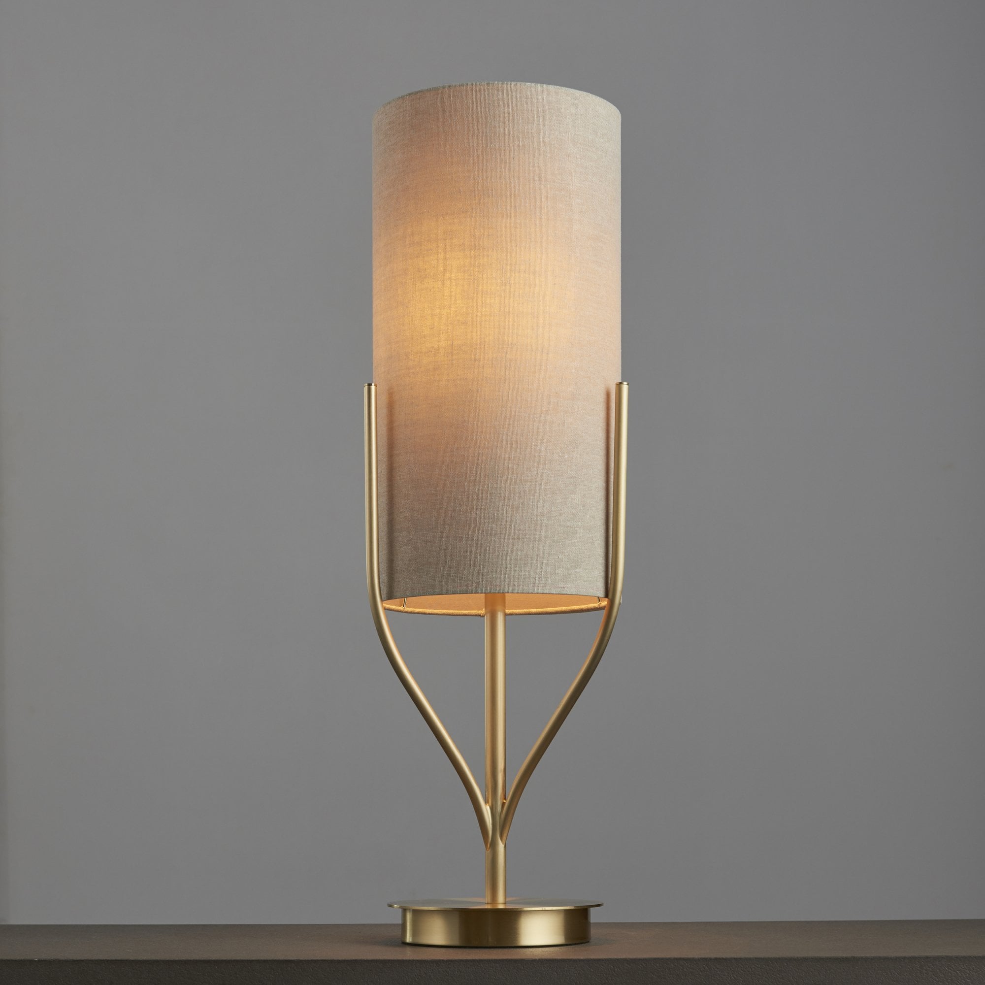Endon Fraser Single Light Table Lamp - Satin Brass Plate & Neutral Linen Mix Fabric