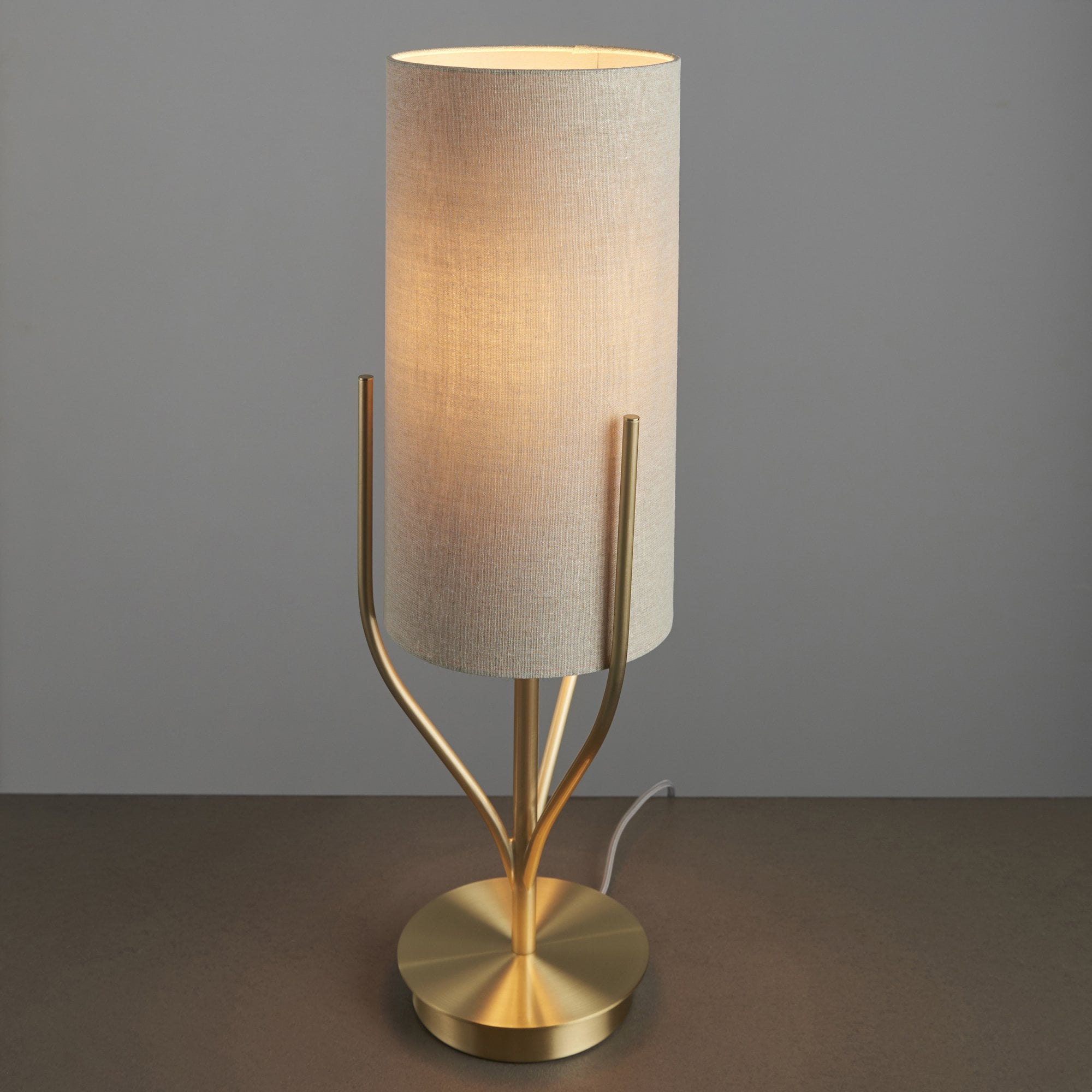 Endon Fraser Single Light Table Lamp - Satin Brass Plate & Neutral Linen Mix Fabric
