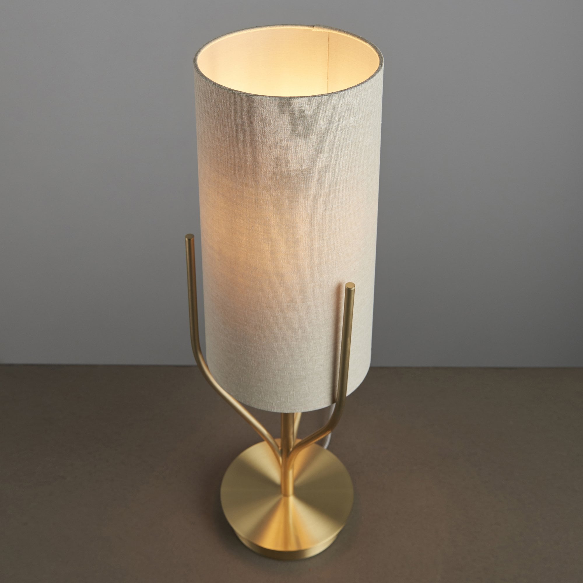 Endon Fraser Single Light Table Lamp - Satin Brass Plate & Neutral Linen Mix Fabric