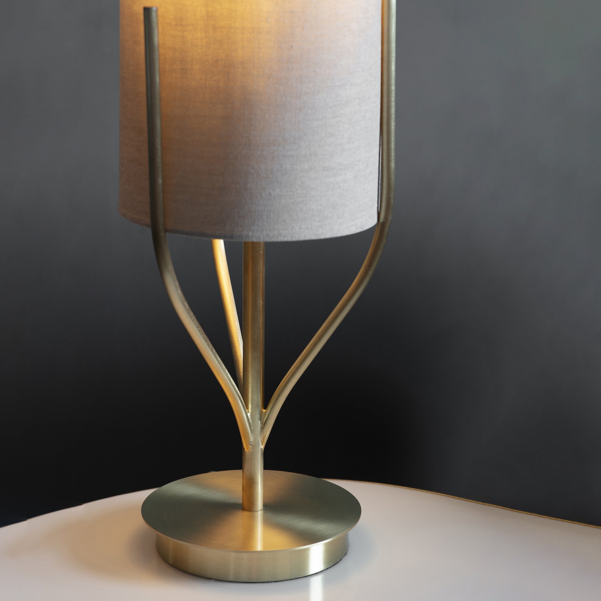 Endon Fraser Single Light Table Lamp - Satin Brass Plate & Neutral Linen Mix Fabric
