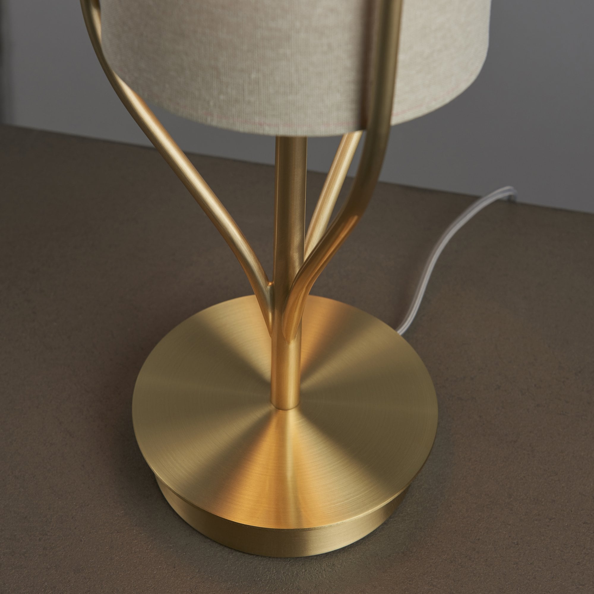 Endon Fraser Single Light Table Lamp - Satin Brass Plate & Neutral Linen Mix Fabric