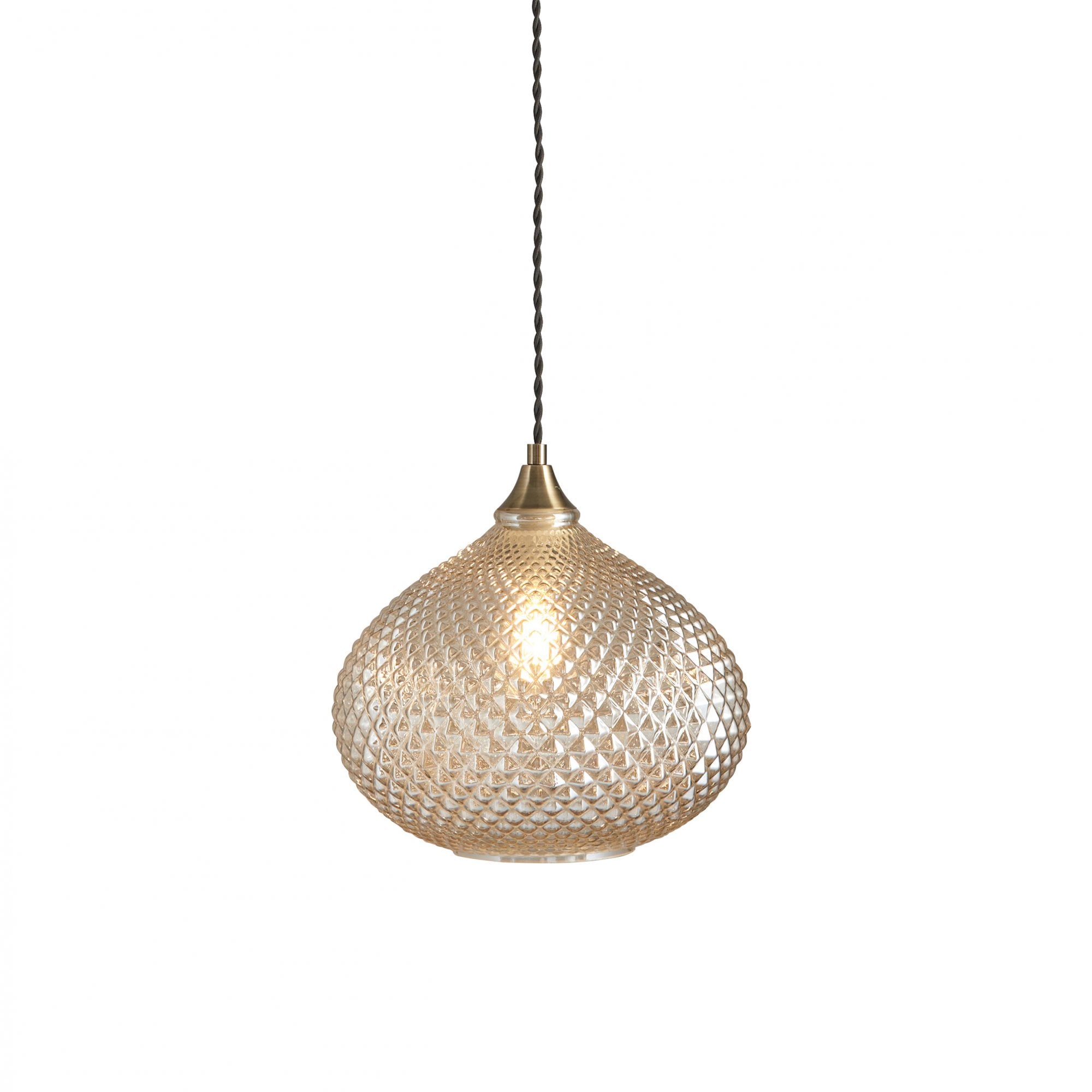 Endon Livia Single Light Pendant - Champagne Glass & Antique Brass Plate