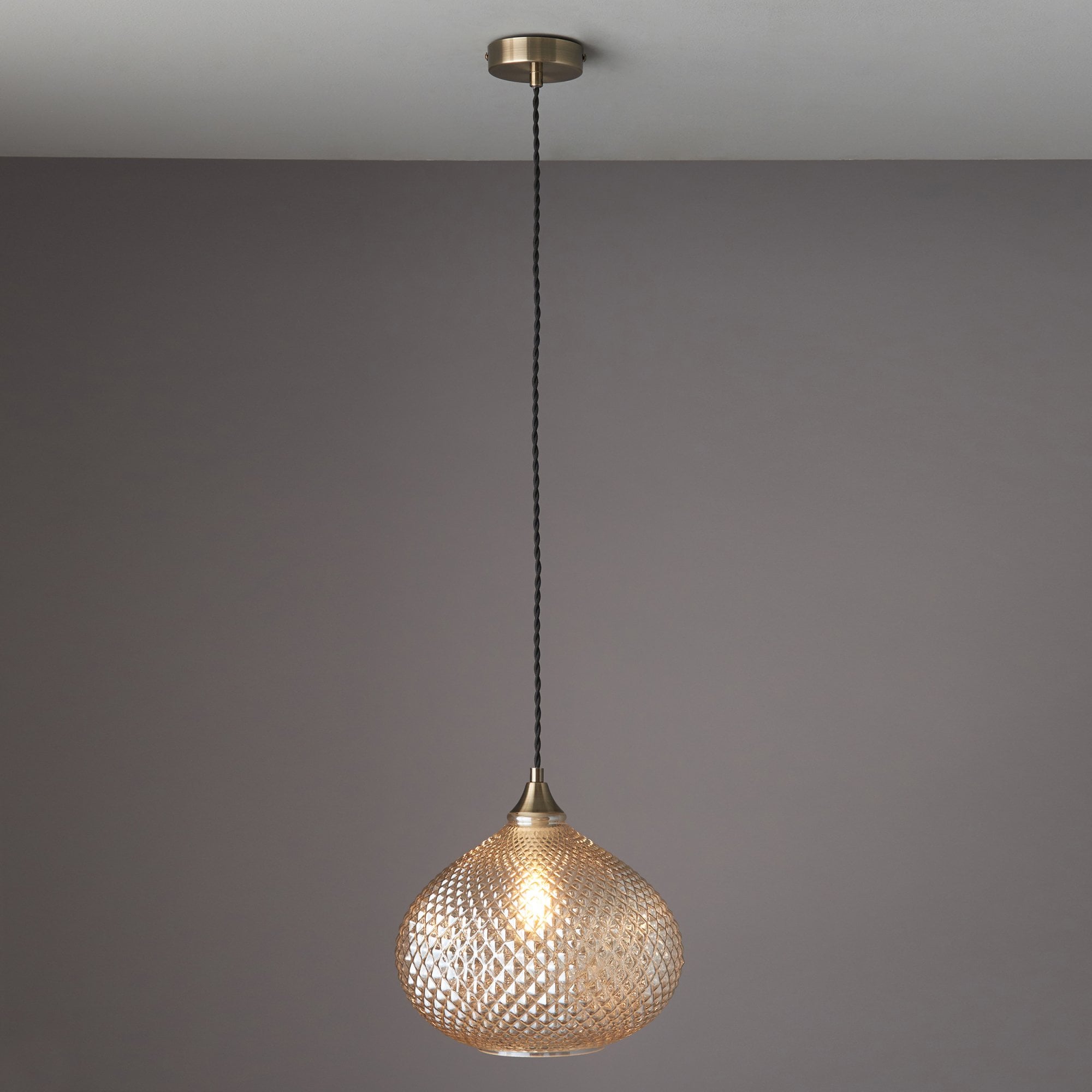 Endon Livia Single Light Pendant - Champagne Glass & Antique Brass Plate