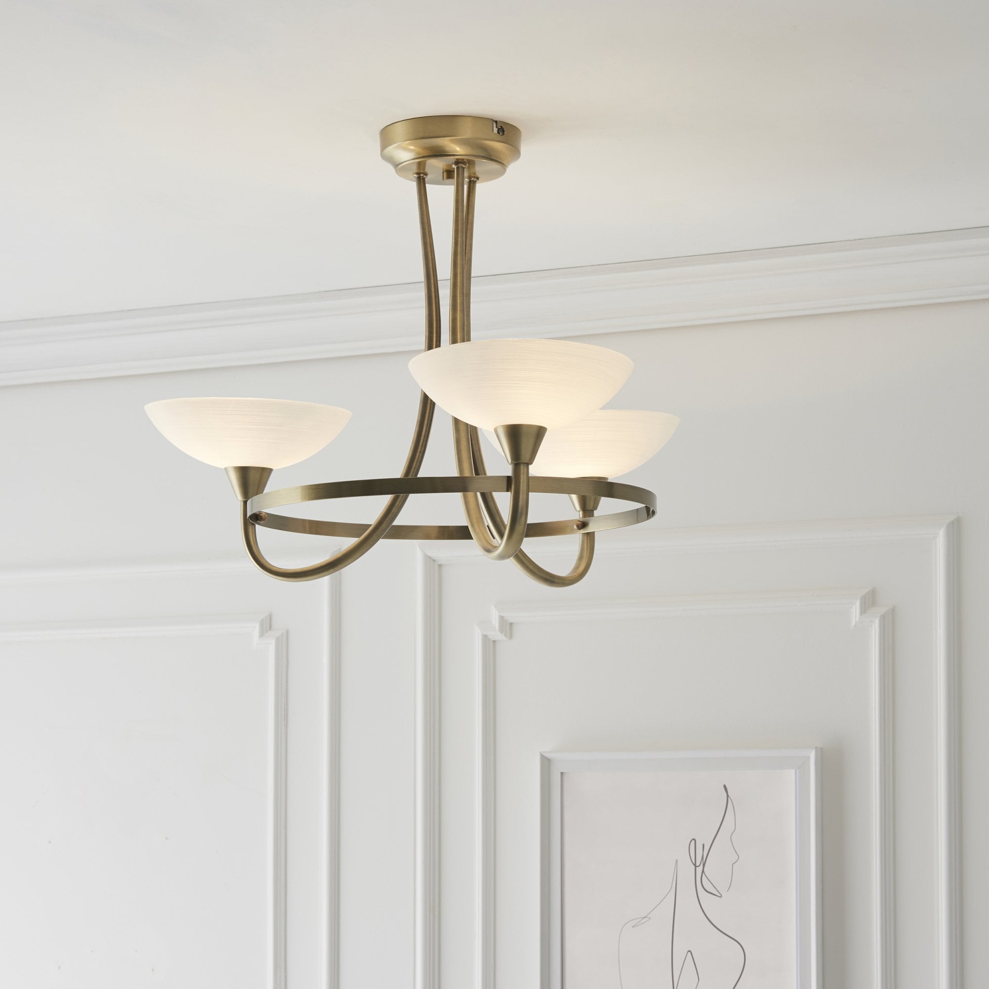 Endon Cagney 3 Light Semi Flush Fitting - Antique Brass Plate & White Glass