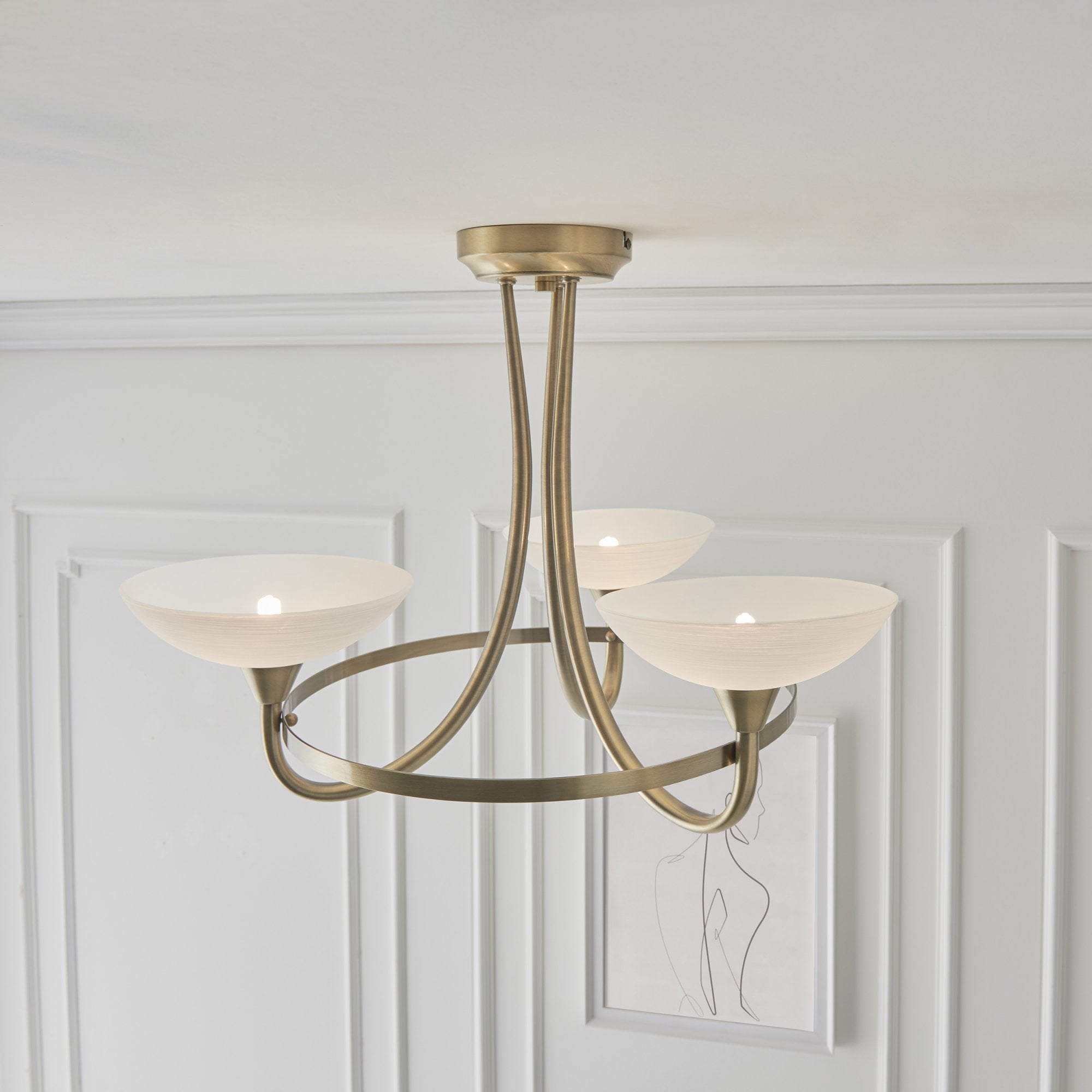 Endon Cagney 3 Light Semi Flush Fitting - Antique Brass Plate & White Glass