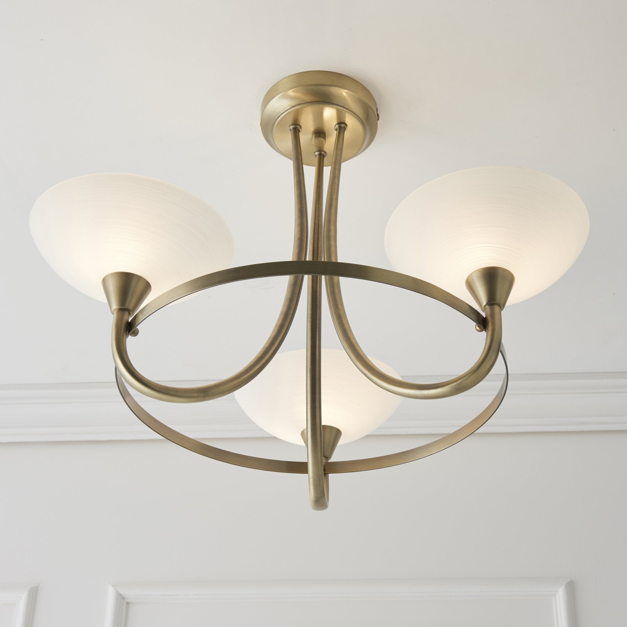 Endon Cagney 3 Light Semi Flush Fitting - Antique Brass Plate & White Glass