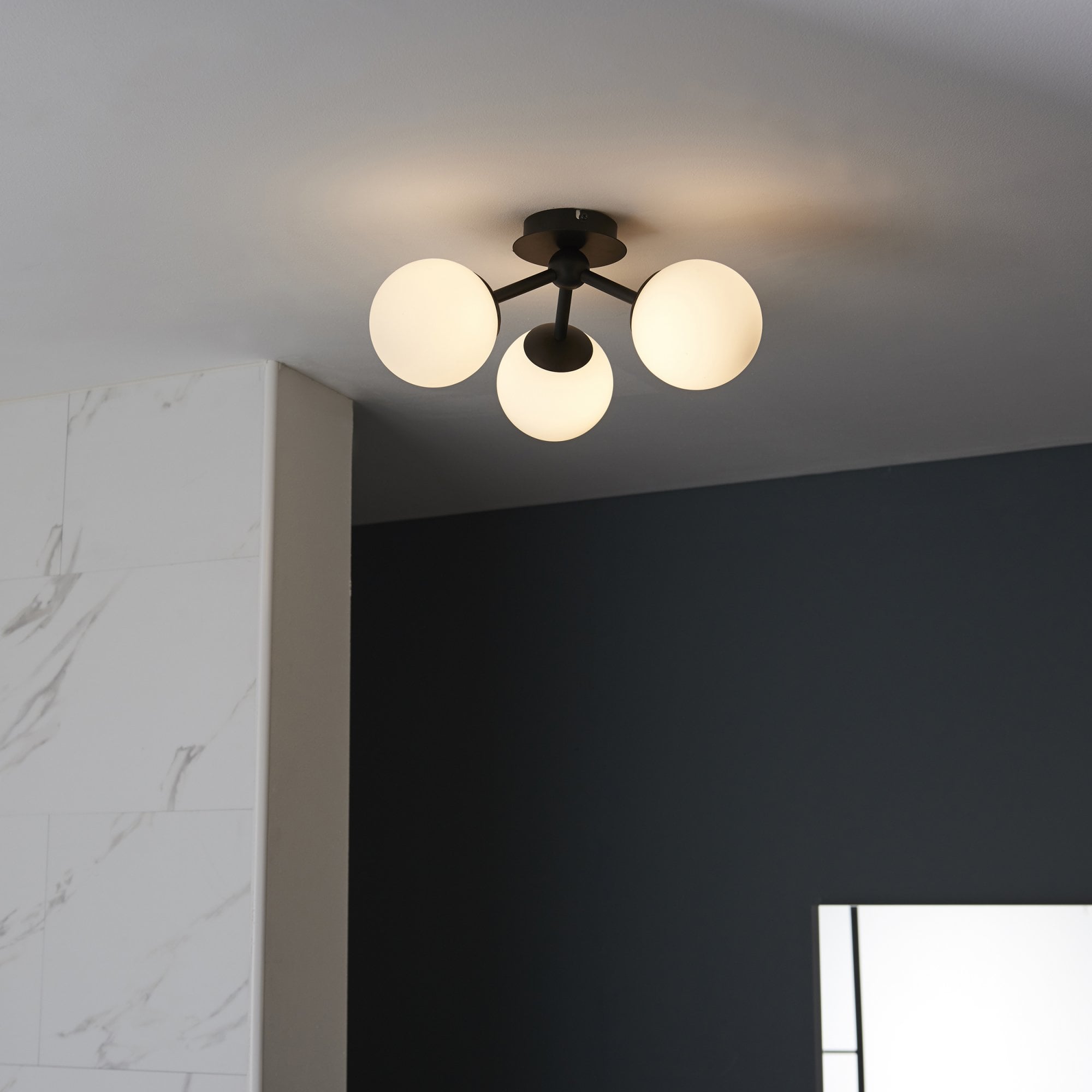 Endon Pulsa 3 Light Semi Flush - Matt Black & Matt White Glass