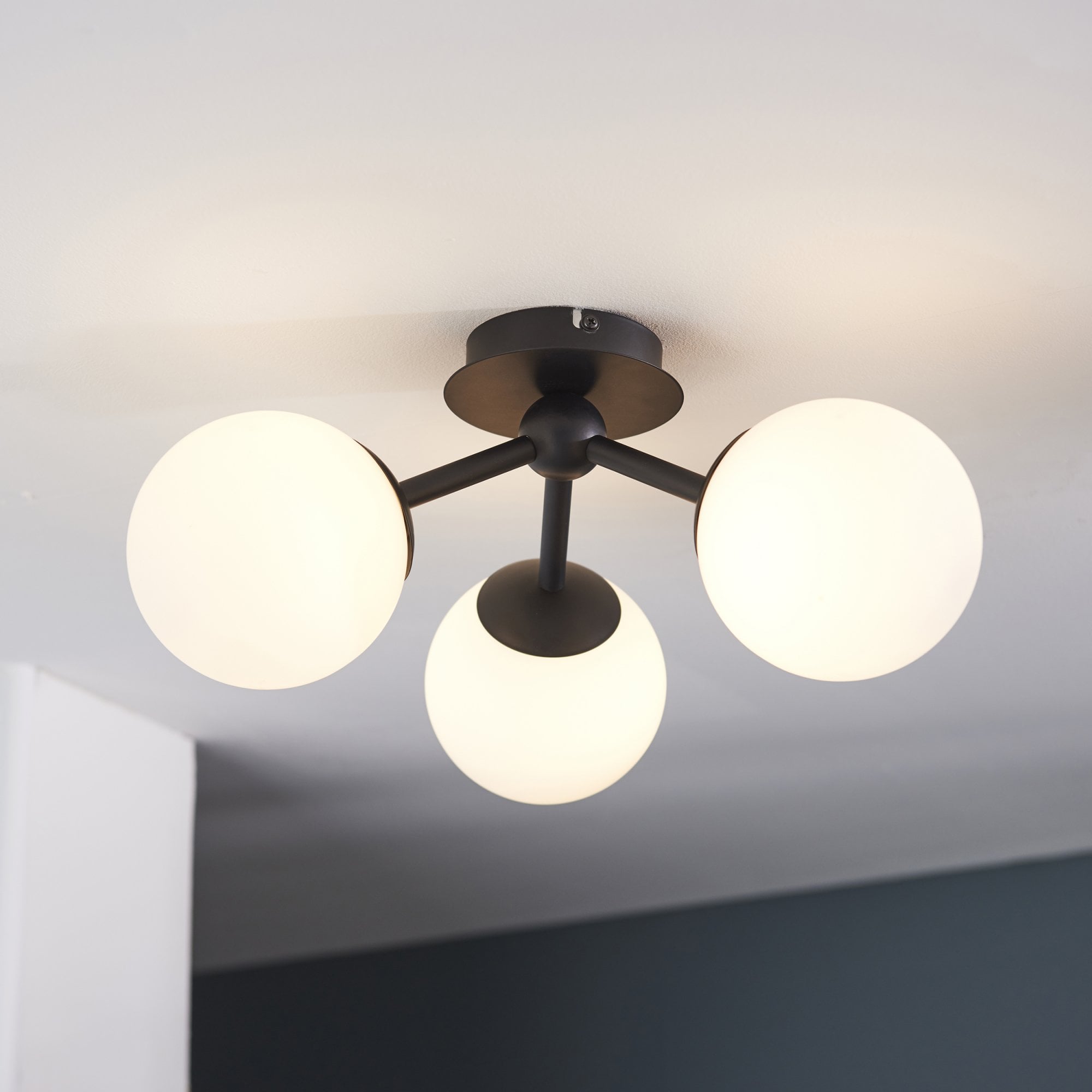 Endon Pulsa 3 Light Semi Flush - Matt Black & Matt White Glass