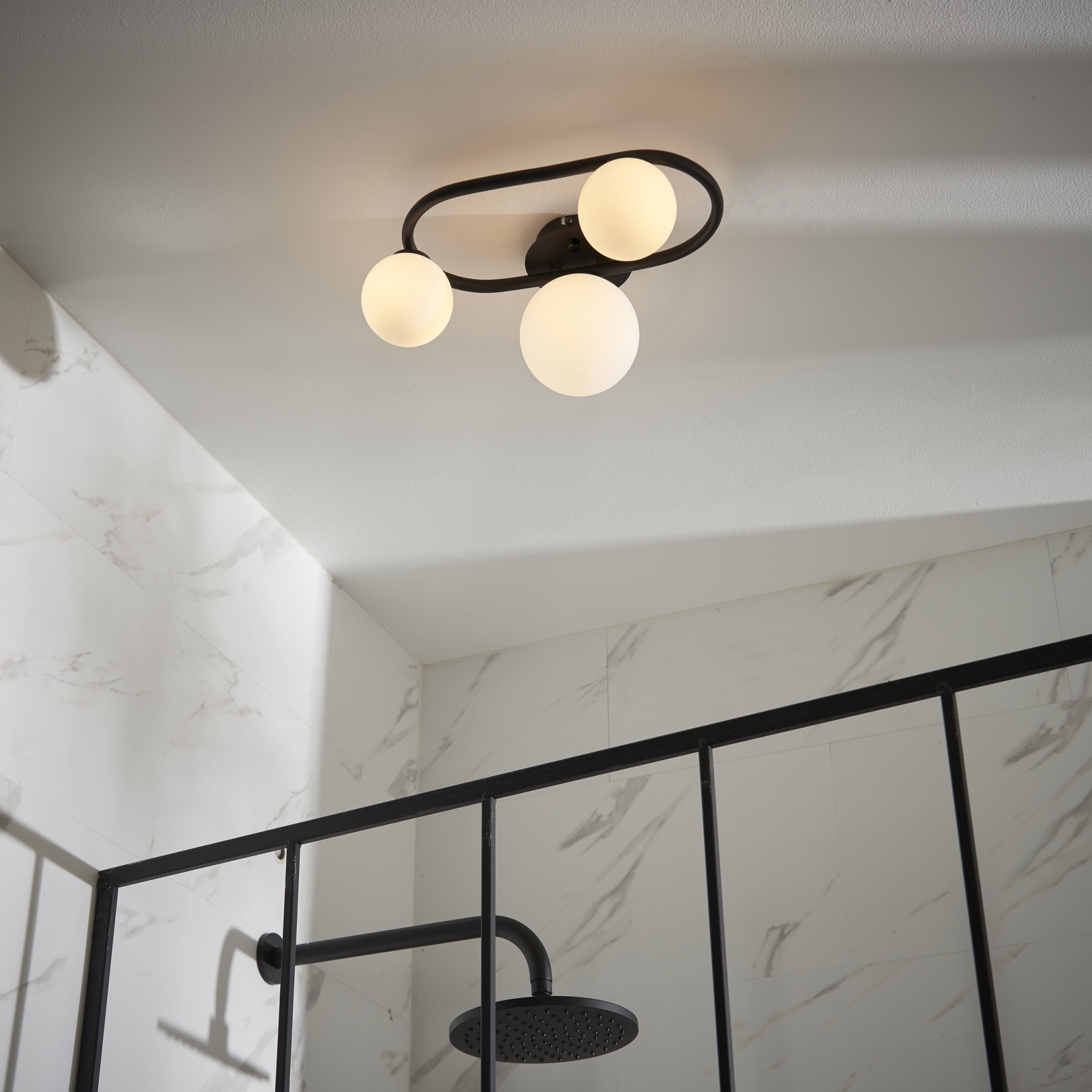Endon Pulsa Oval 3 Light Semi Flush - Matt Black & Matt White Glass