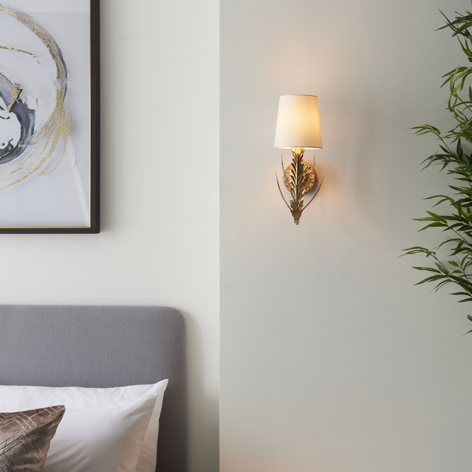Endon Delphine Single Wall Light - Gold Leaf & Ivory Cotton Fabric