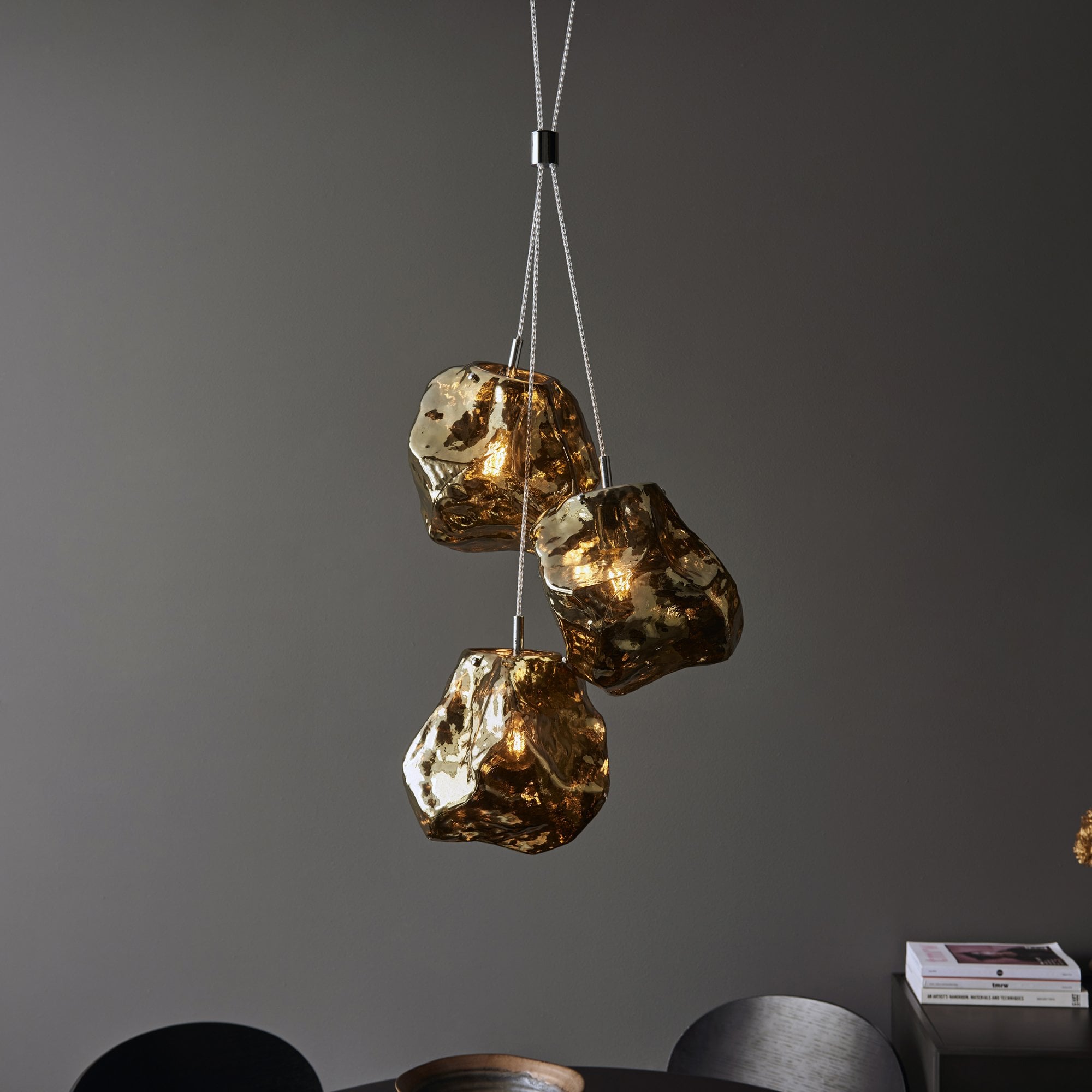 Endon Rock 3 Light Pendant - Bronze Metalliclic Glass & Chrome Plate