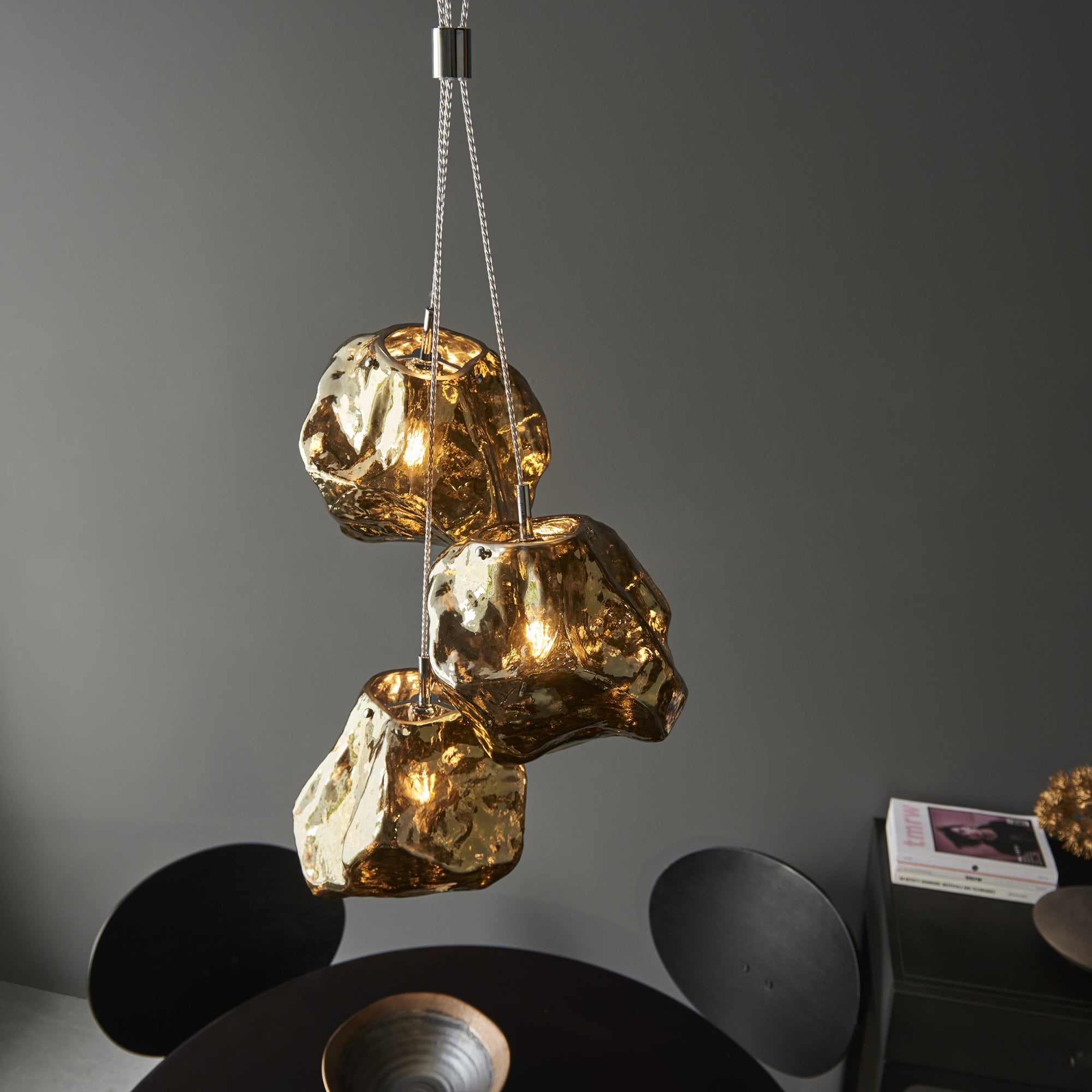 Endon Rock 3 Light Pendant - Bronze Metalliclic Glass & Chrome Plate