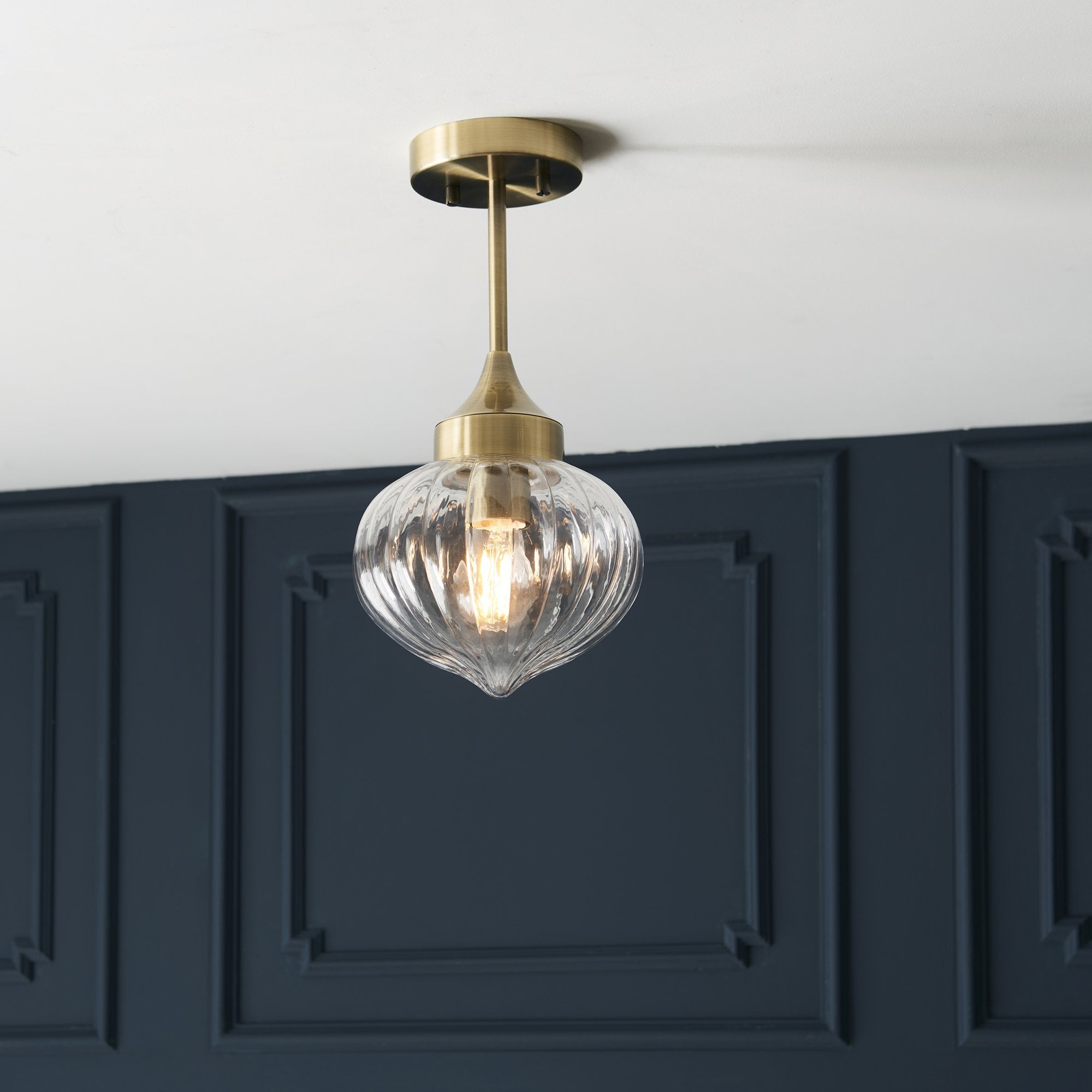 Endon Addington Single Light Semi Flush - Antique Brass Plate & Clear Ribbed Glass