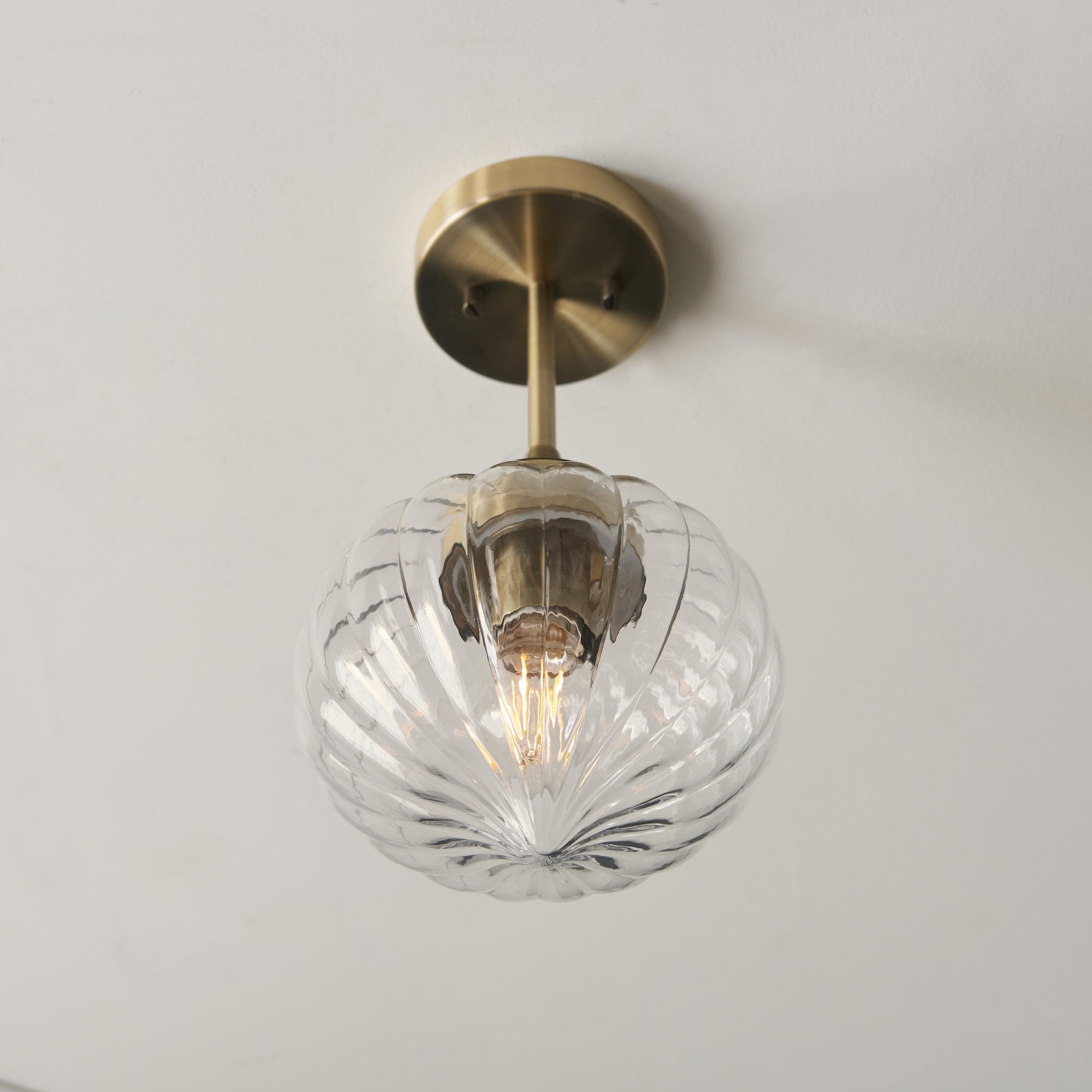 Endon Addington Single Light Semi Flush - Antique Brass Plate & Clear Ribbed Glass