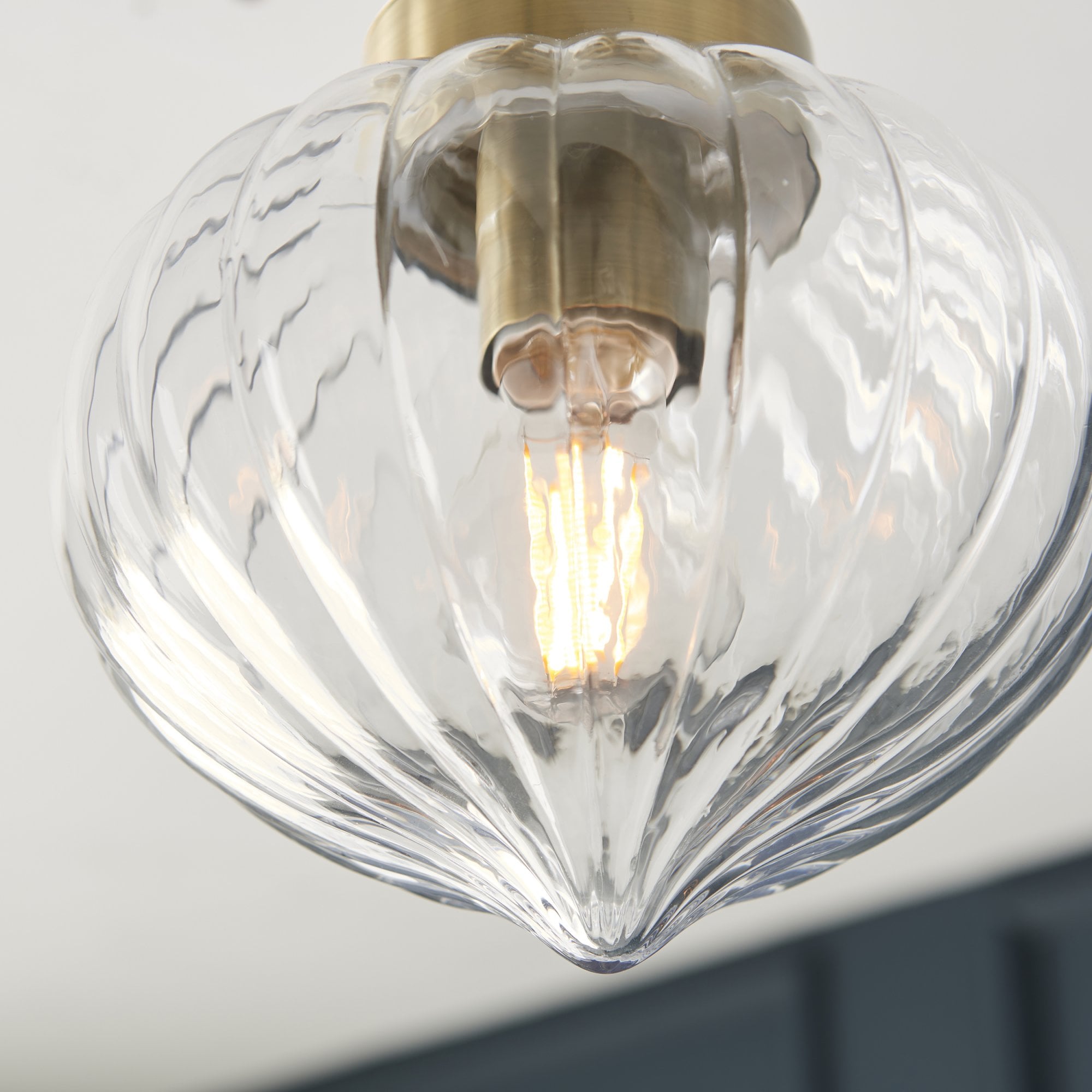 Endon Addington Single Light Semi Flush - Antique Brass Plate & Clear Ribbed Glass