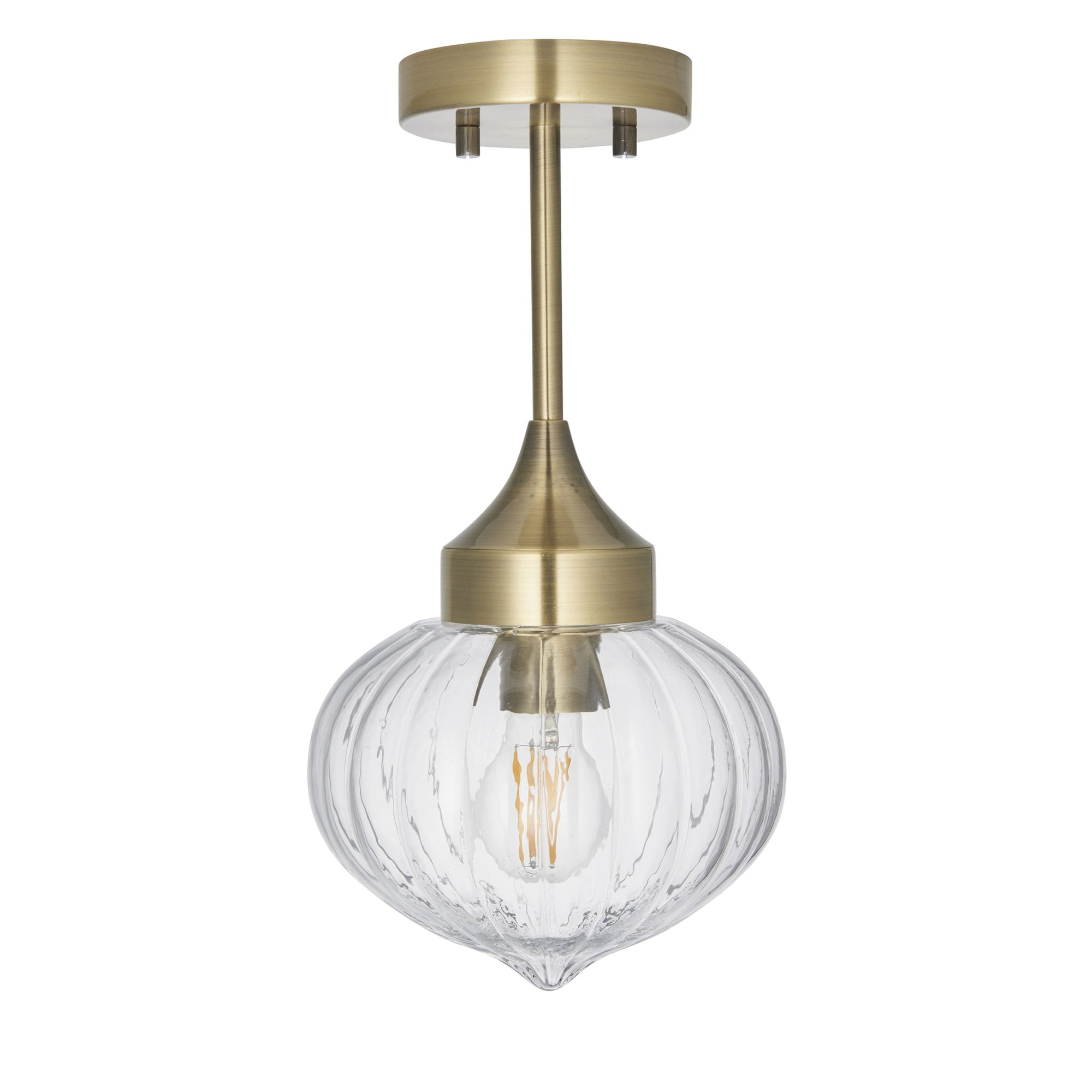 Endon Addington Single Light Semi Flush - Antique Brass Plate & Clear Ribbed Glass