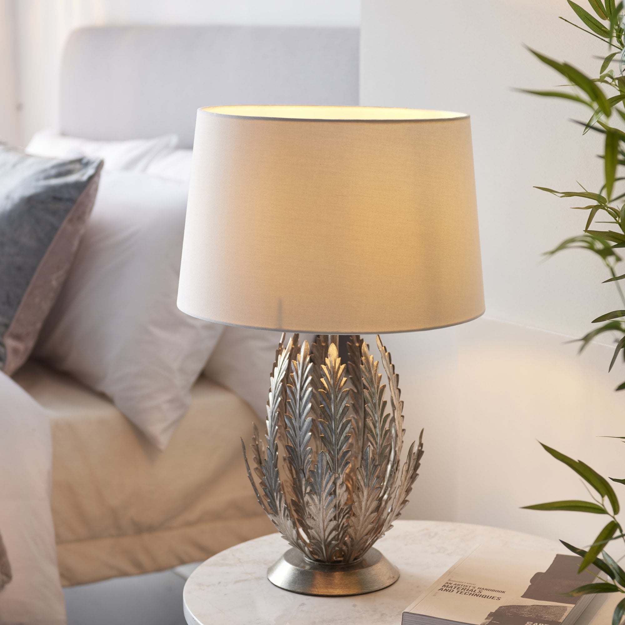 Endon Delphine Single Light Table Lamp - Silver Leaf & Ivory Cotton Fabric
