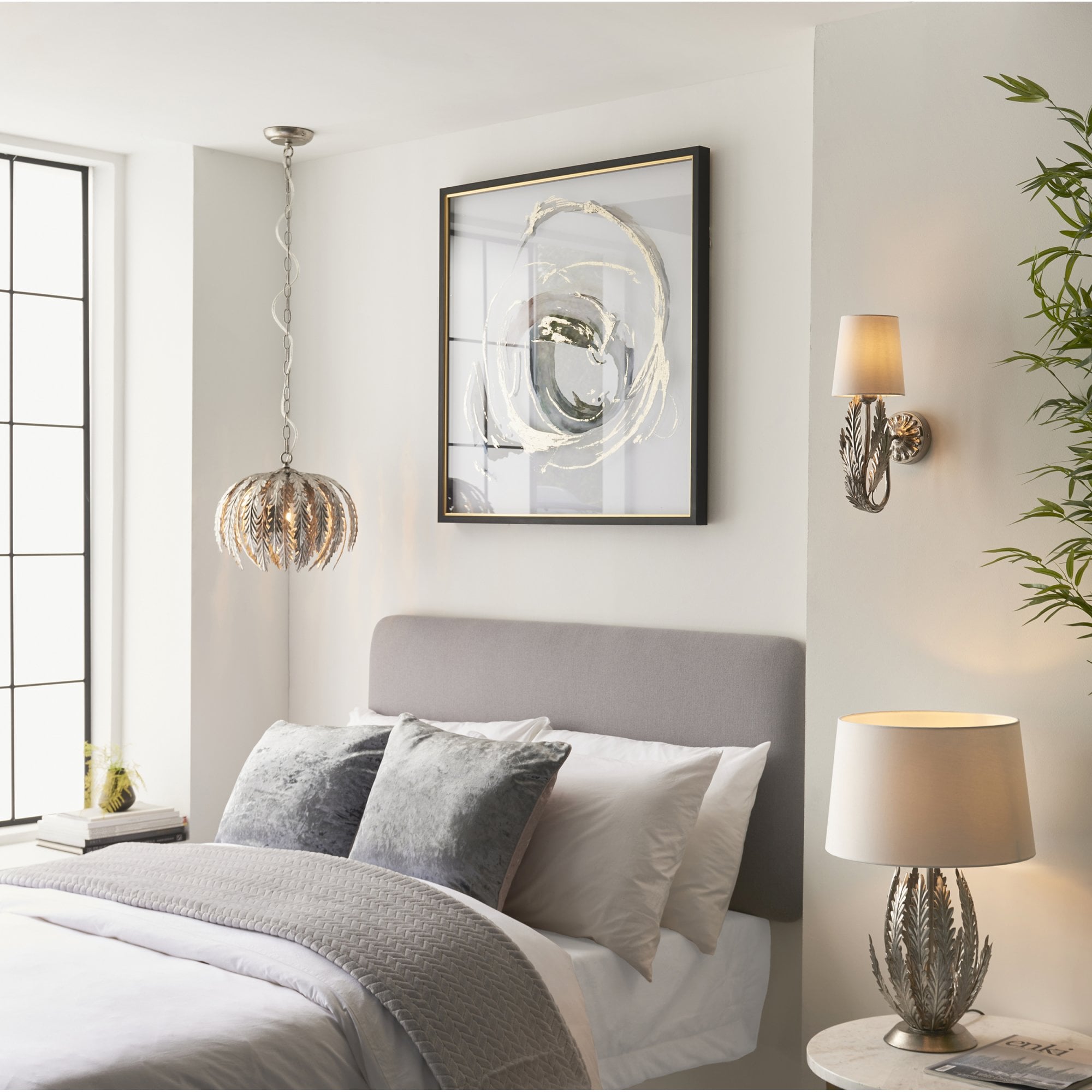 Endon Delphine Single Light Table Lamp - Silver Leaf & Ivory Cotton Fabric