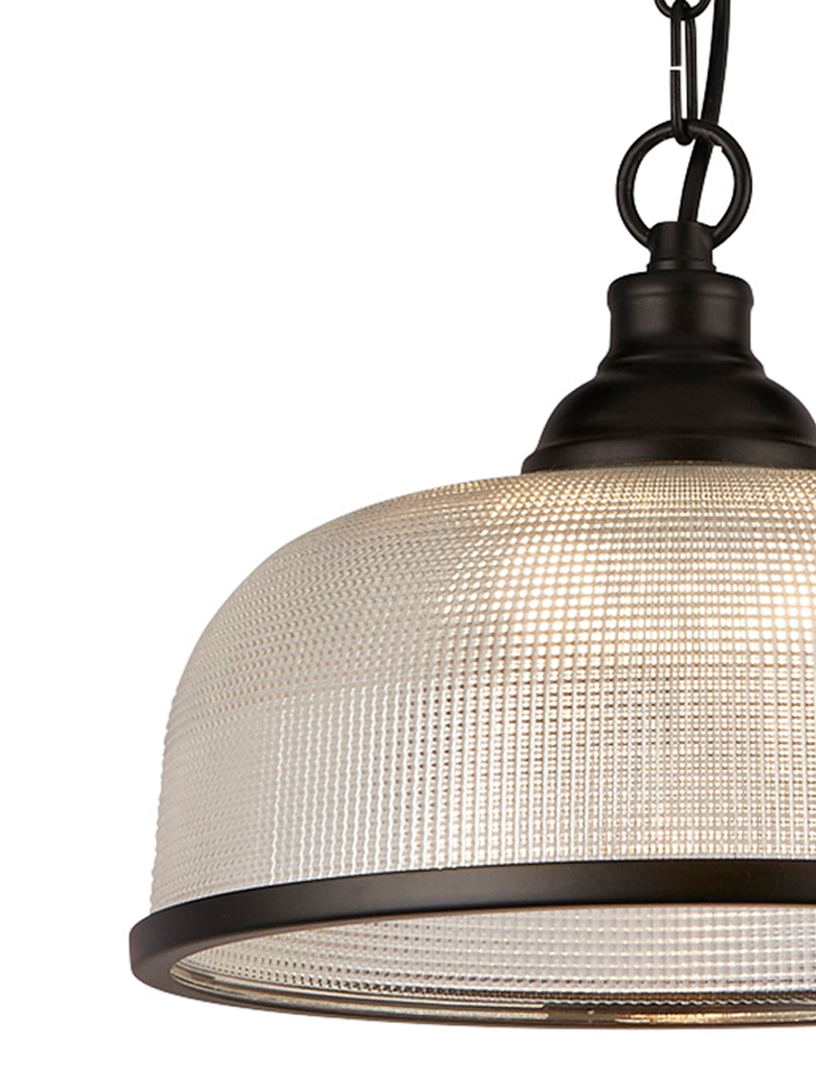 Searchlight Handel Pendant - Matt Black Metal & Holophane Style Glass