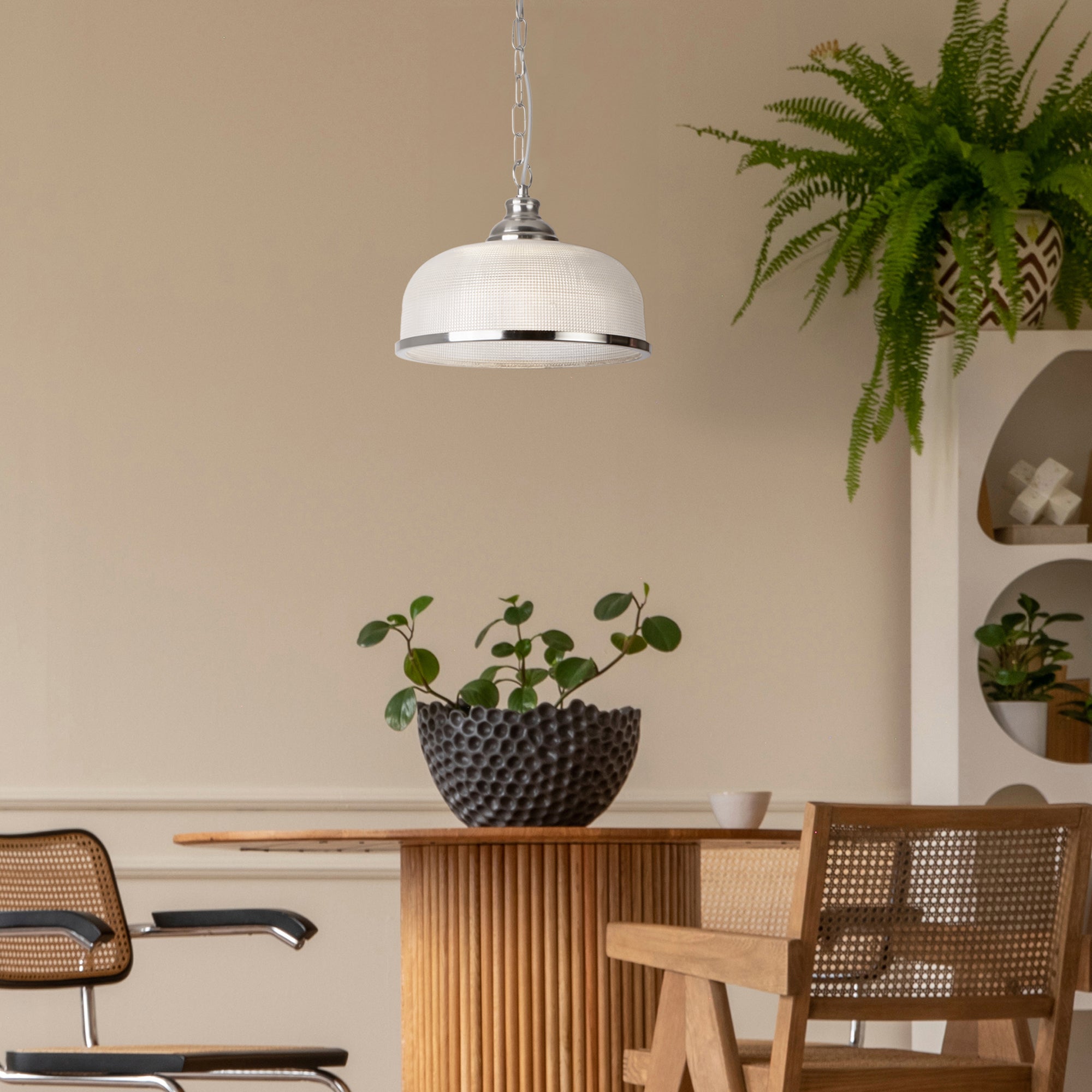 Searchlight Beech II Single Pendant - Satin Silver & Holophane Glass