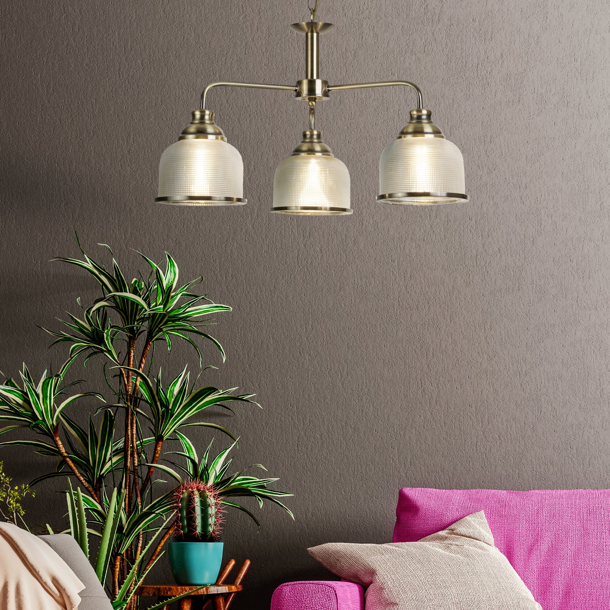 Searchlight Beech II 3 Light Ceiling Fitting - Antique Brass & Holophane Glass