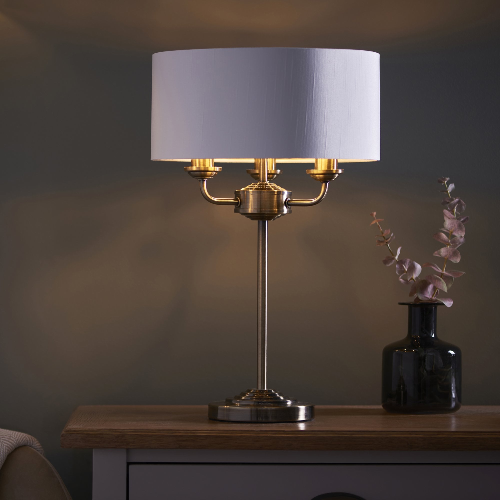 Endon Highclere 3 Light Table Lamp - Antique Brass & Vintage White