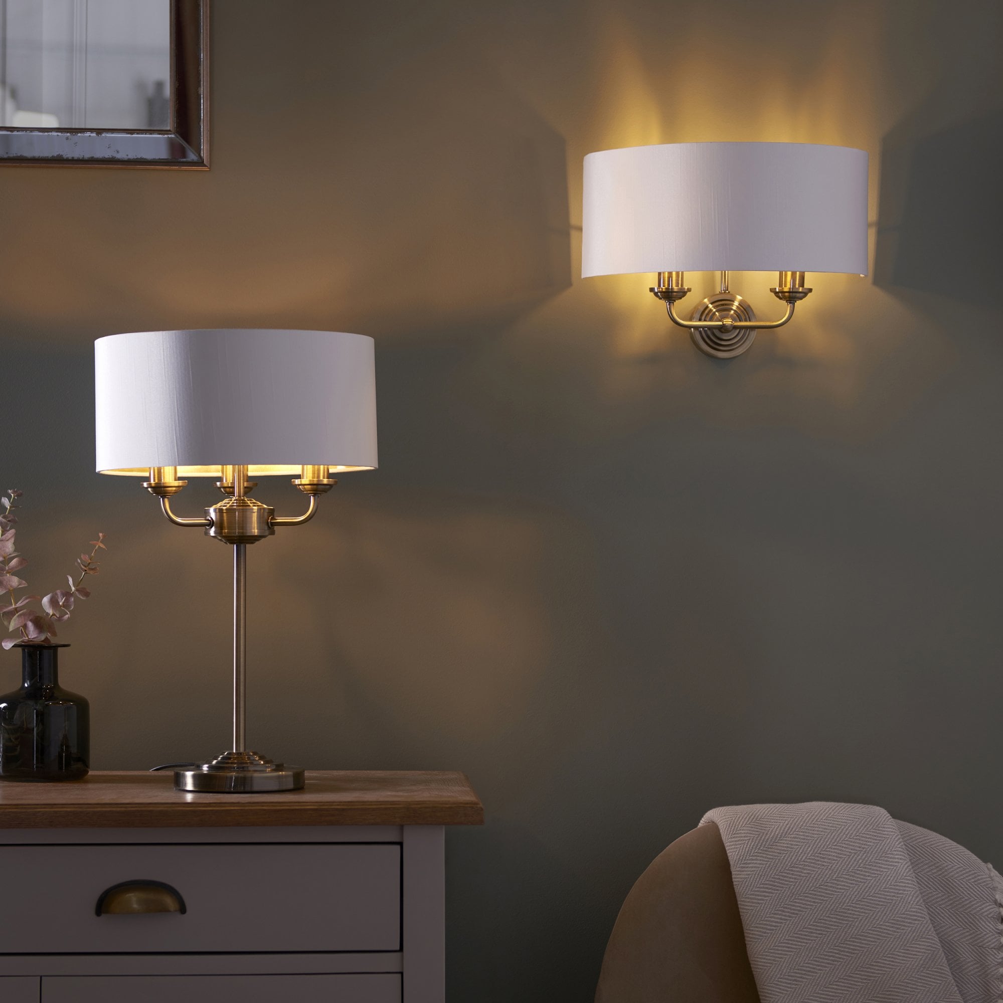 Endon Highclere 3 Light Table Lamp - Antique Brass & Vintage White