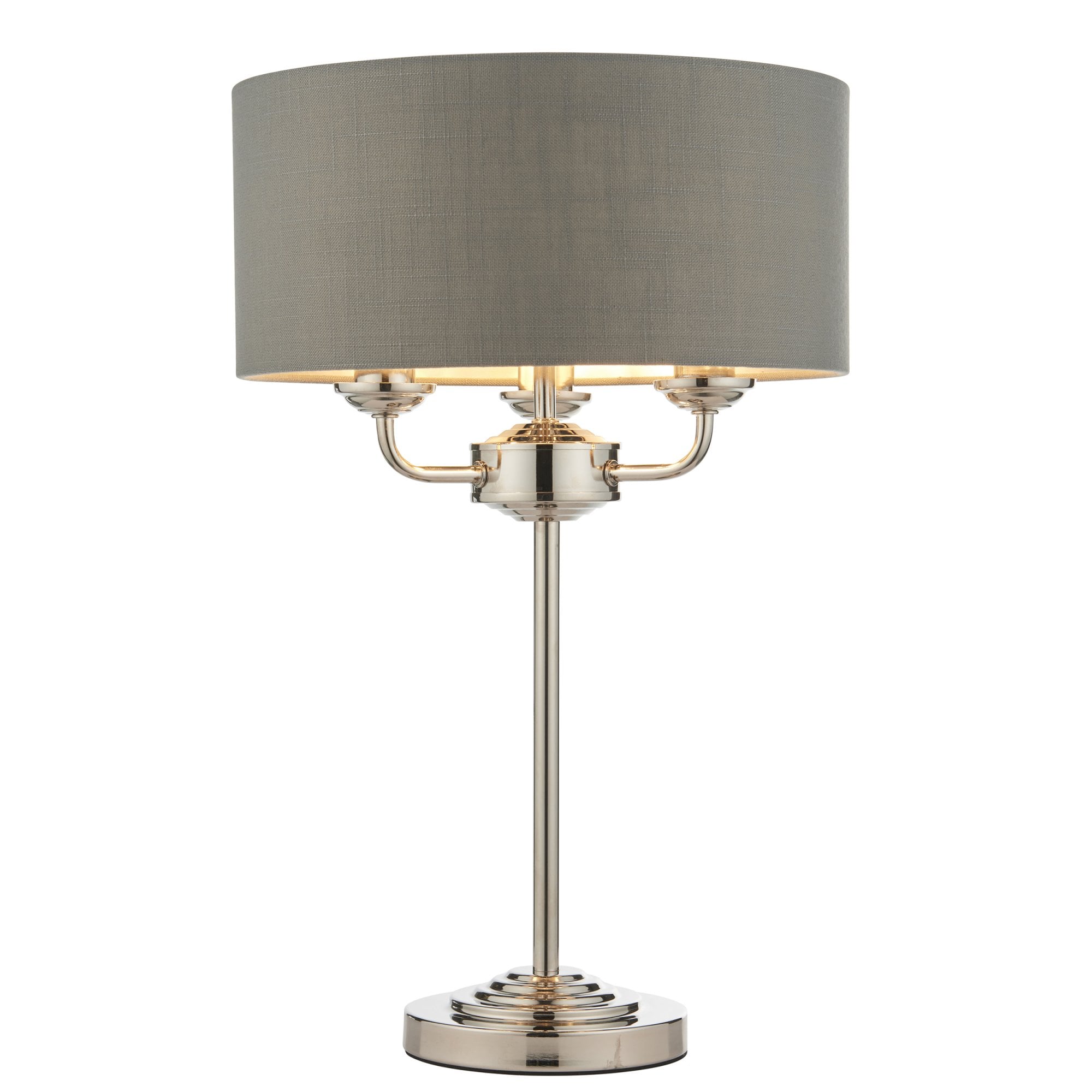 Endon Highclere 3 Light Table Lamp - Bright Nickel & Charcoal Linen