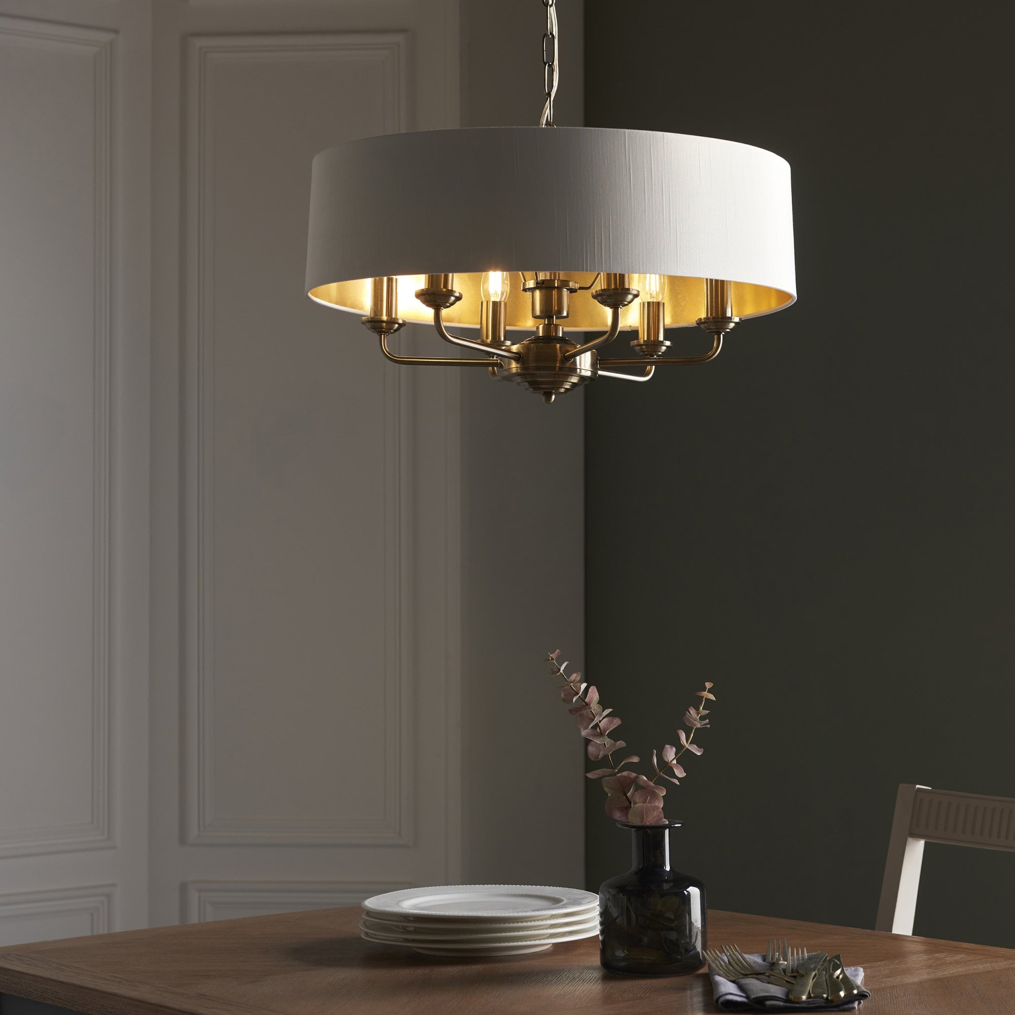 Endon Highclere 6 Light Pendant - Antique Brass & Vintage White