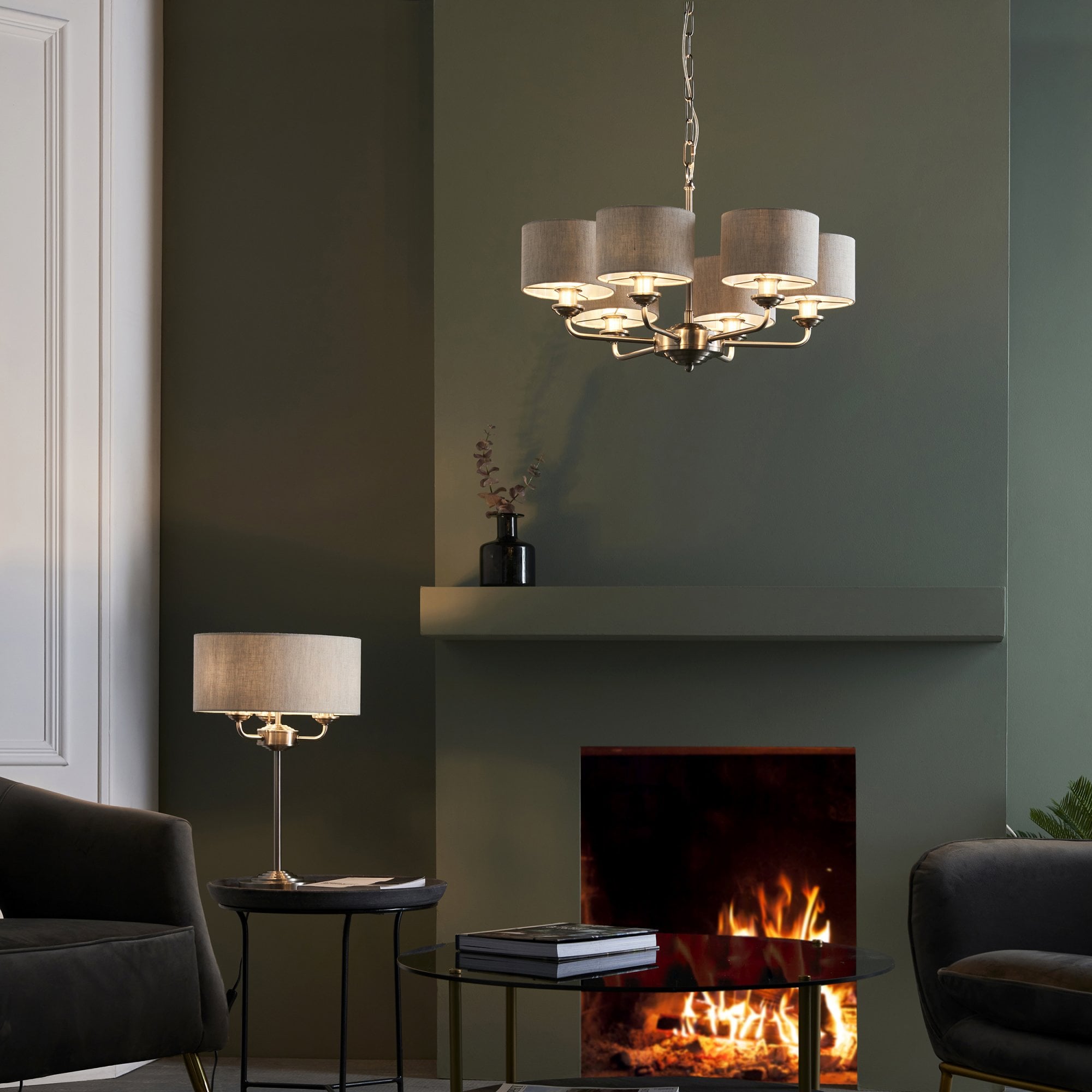 Endon Highclere 6 Light Pendant - Brushed Chrome & Natural Linen