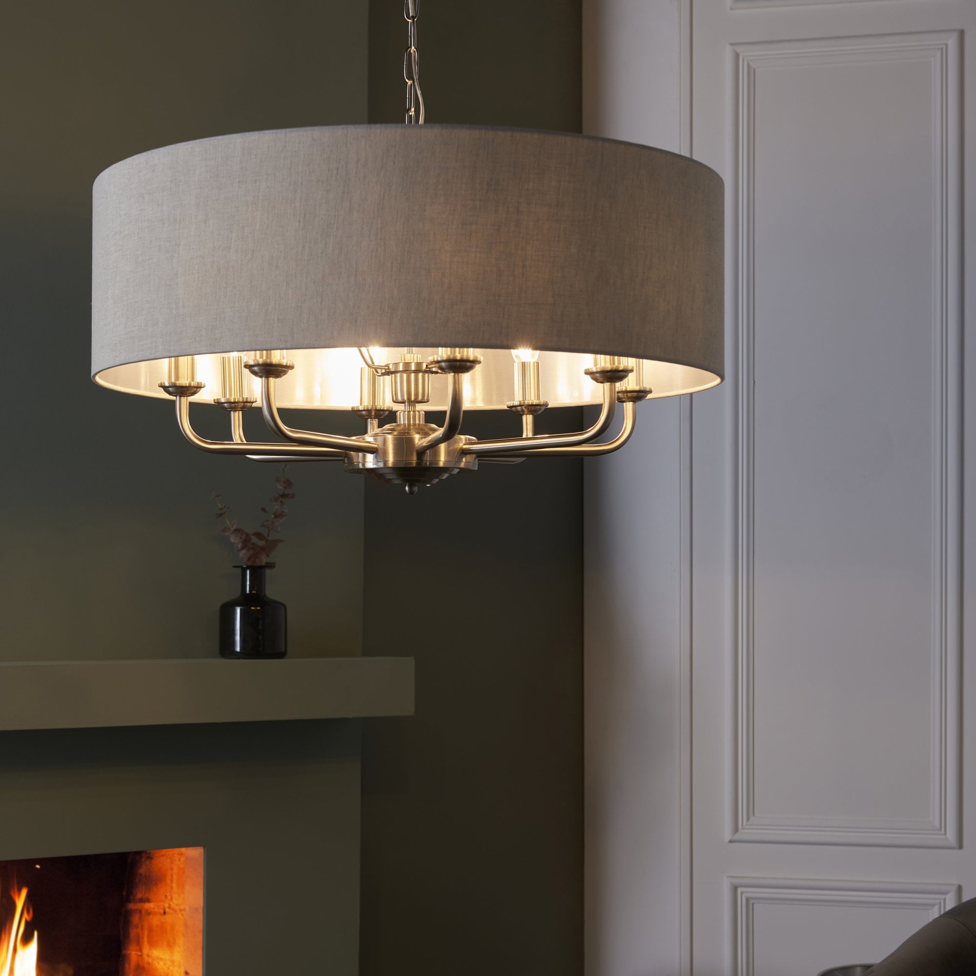 Endon Highclere 8 Light Pendant - Brushed Chrome & Natural Linen