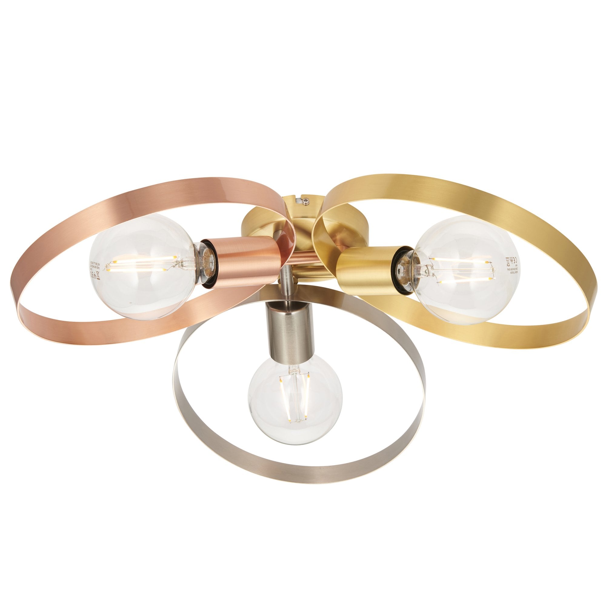 Endon Hoop 3 Light Semi Flush - Brushed Copper, Nickel & Brass