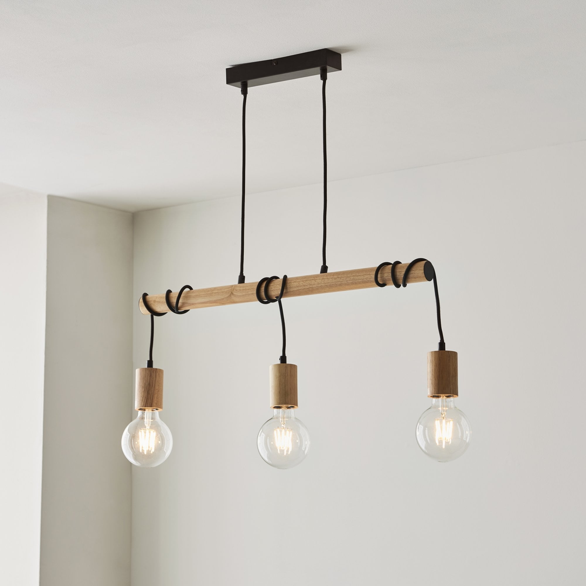 Endon Sven 3 Light Linear Pendant - Light Wood & Matt Black