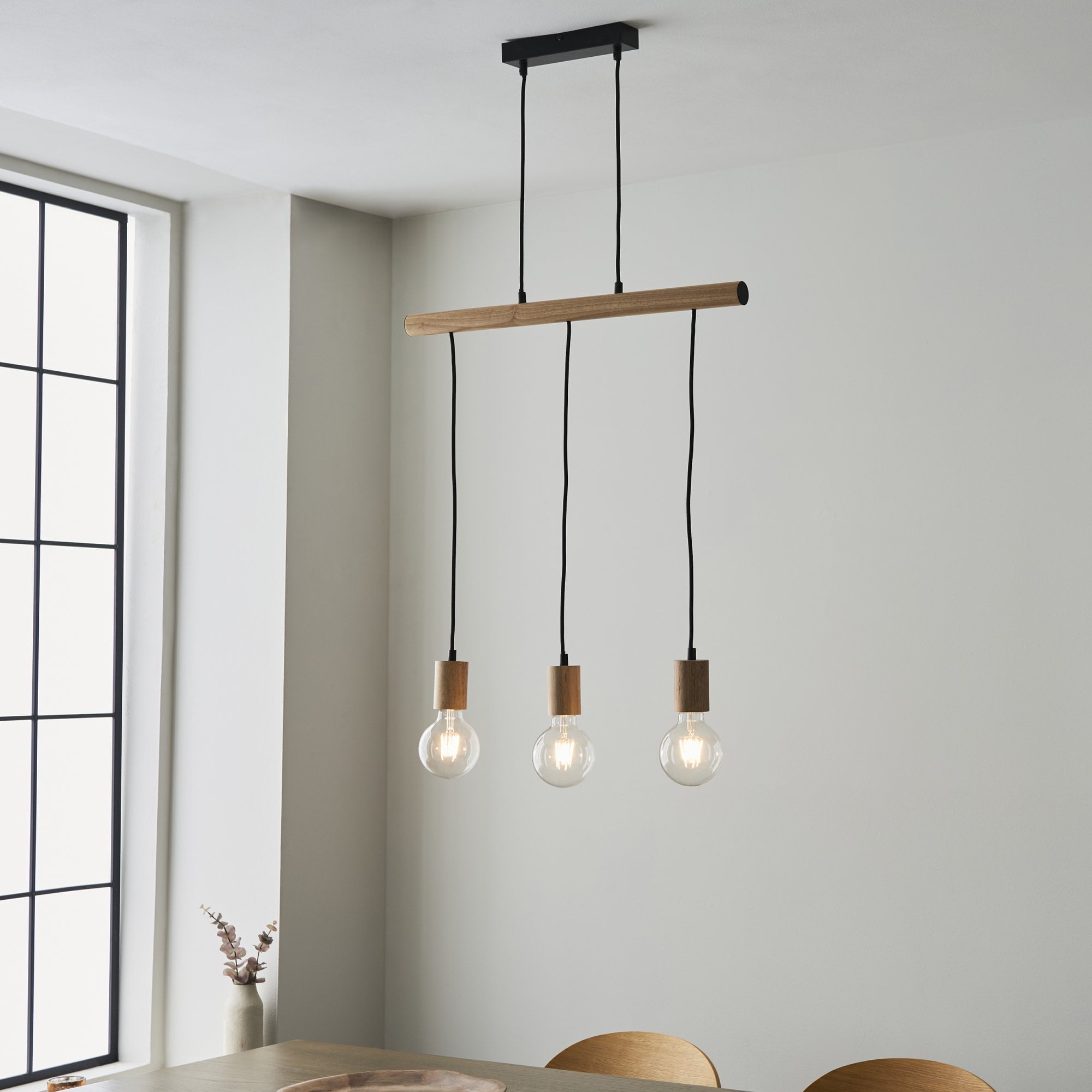 Endon Sven 3 Light Linear Pendant - Light Wood & Matt Black