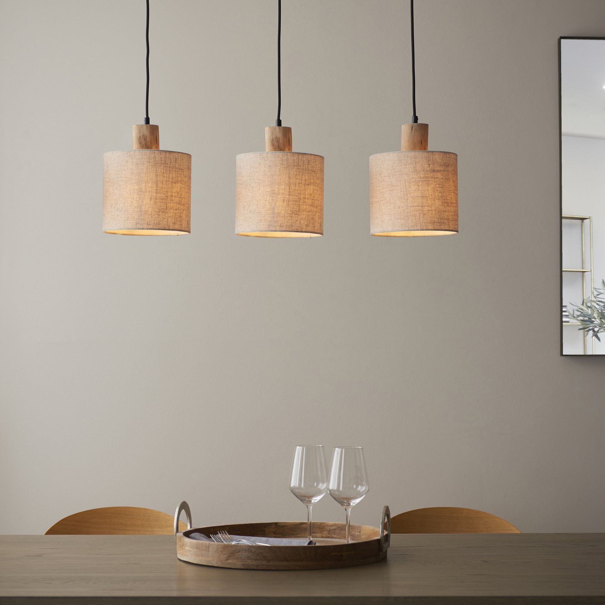 Endon Durban 3 Light Linear Pendant - Natural Linen & Wood