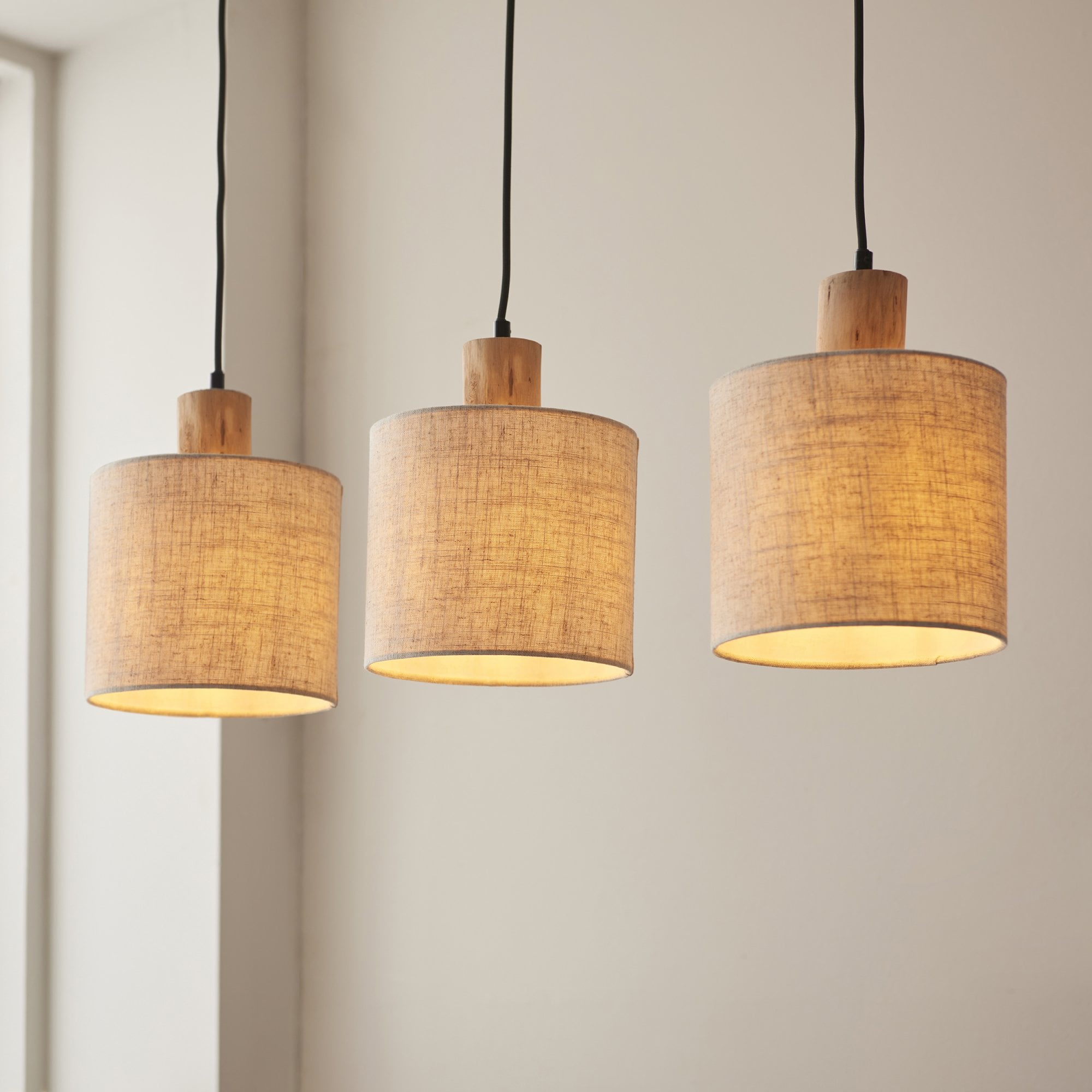 Endon Durban 3 Light Linear Pendant - Natural Linen & Wood