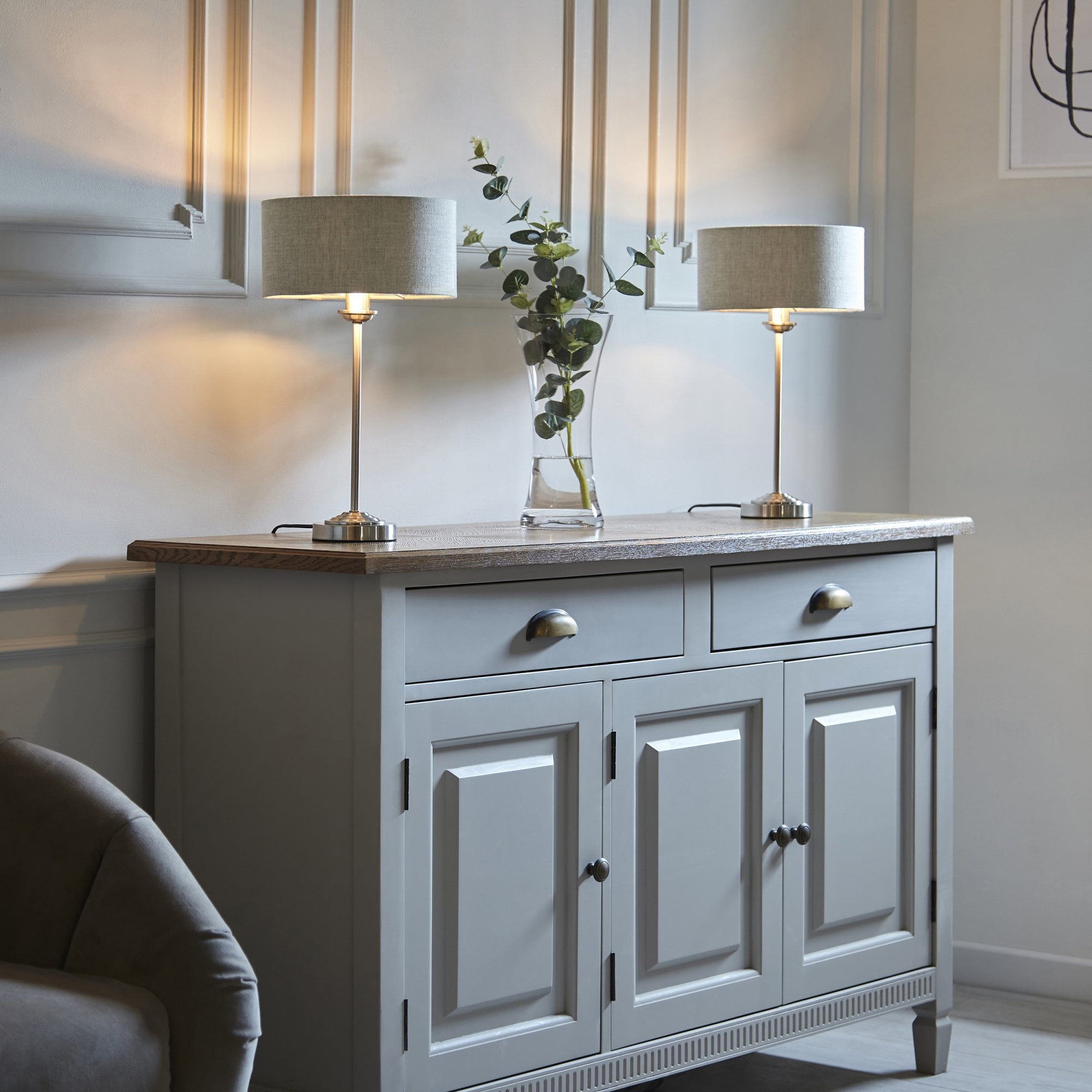 Endon Highclere Table Lamp - Brushed Chrome & Natural Linen