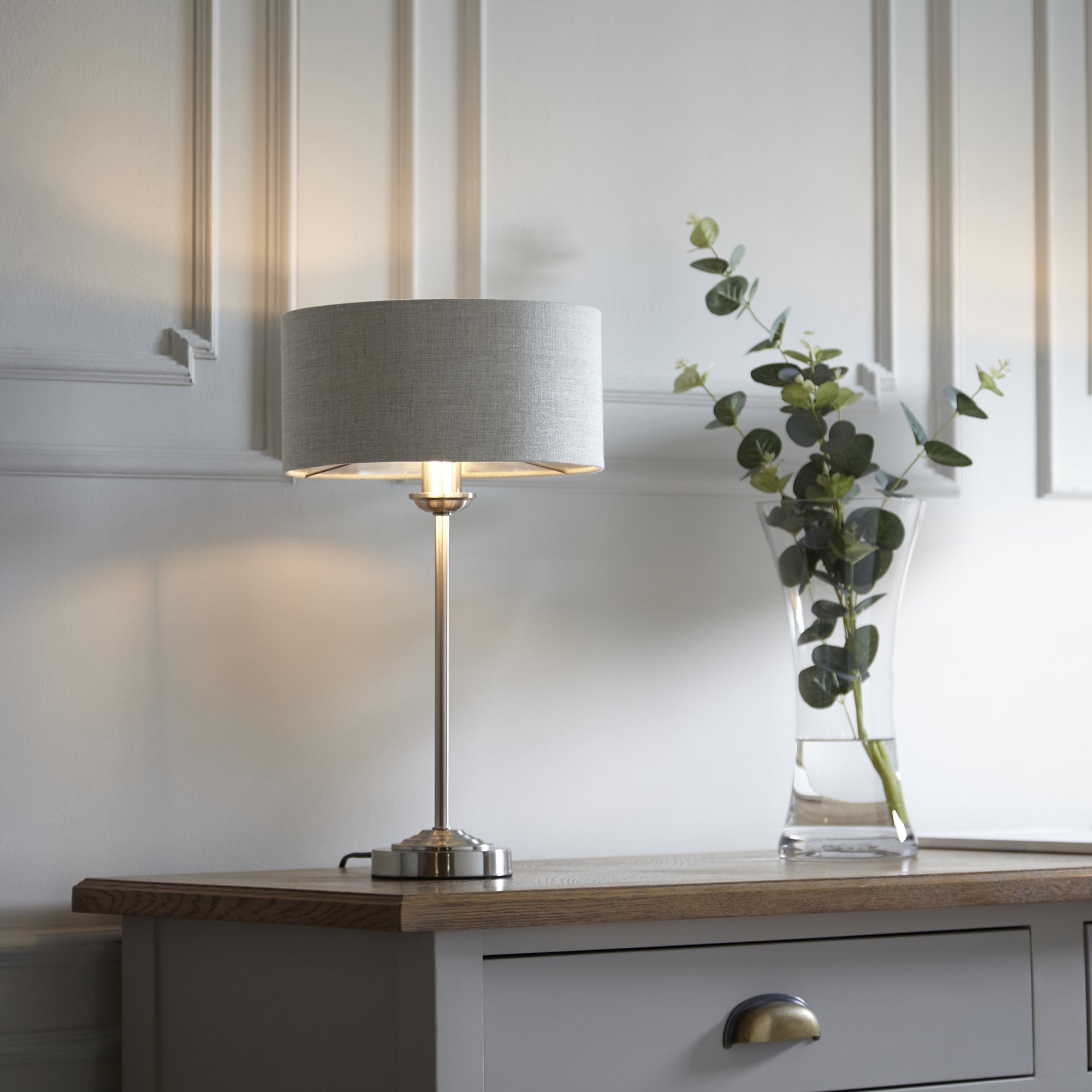 Endon Highclere Table Lamp - Brushed Chrome & Natural Linen