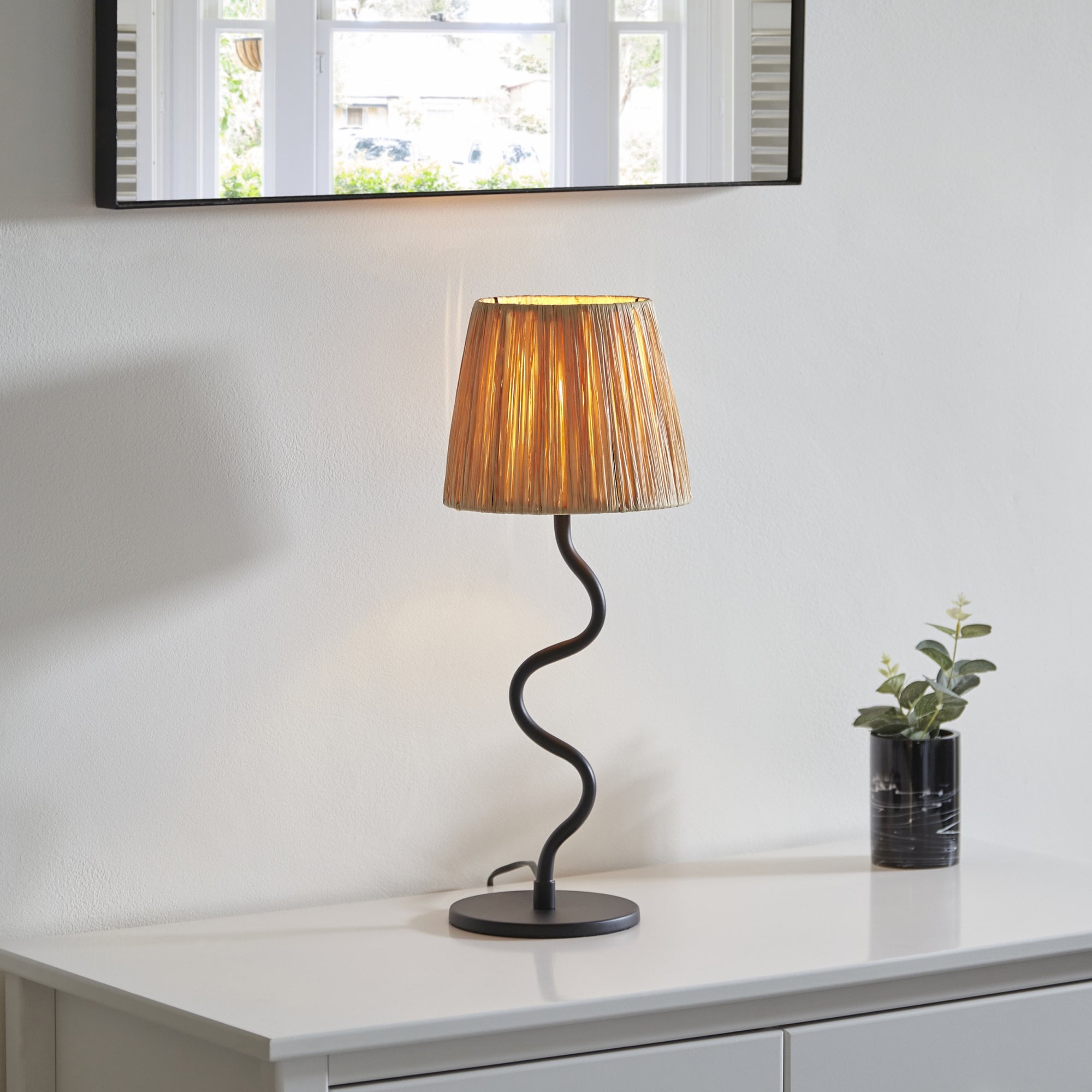 Endon Wriggle Table Lamp - Matt Black & Natural Raffia Tapered Shade