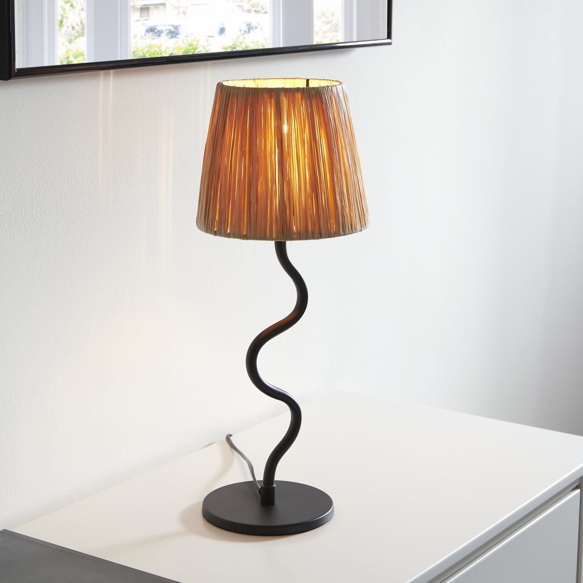 Endon Wriggle Table Lamp - Matt Black & Natural Raffia Tapered Shade