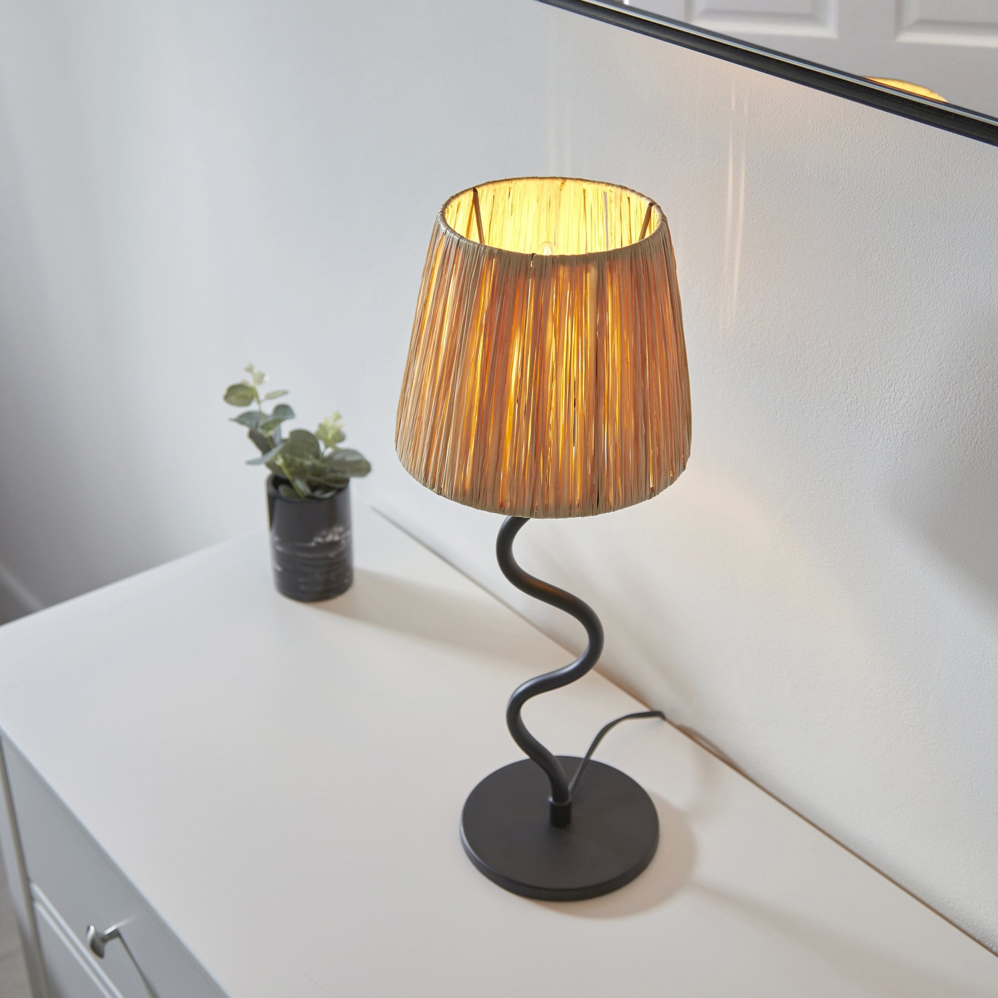 Endon Wriggle Table Lamp - Matt Black & Natural Raffia Tapered Shade