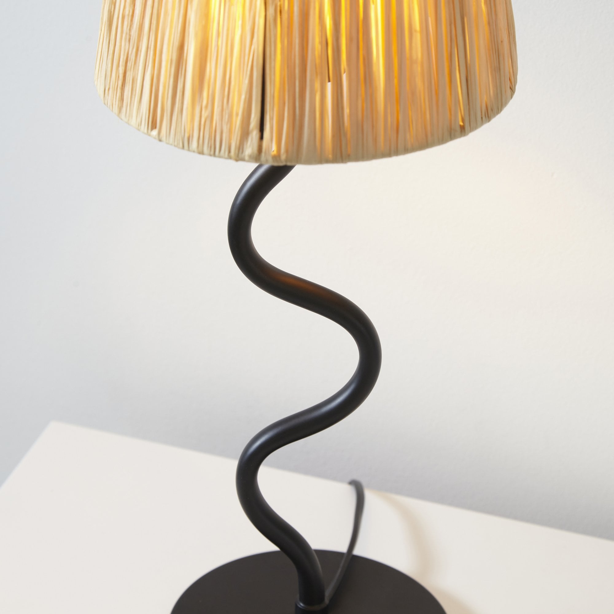 Endon Wriggle Table Lamp - Matt Black & Natural Raffia Tapered Shade