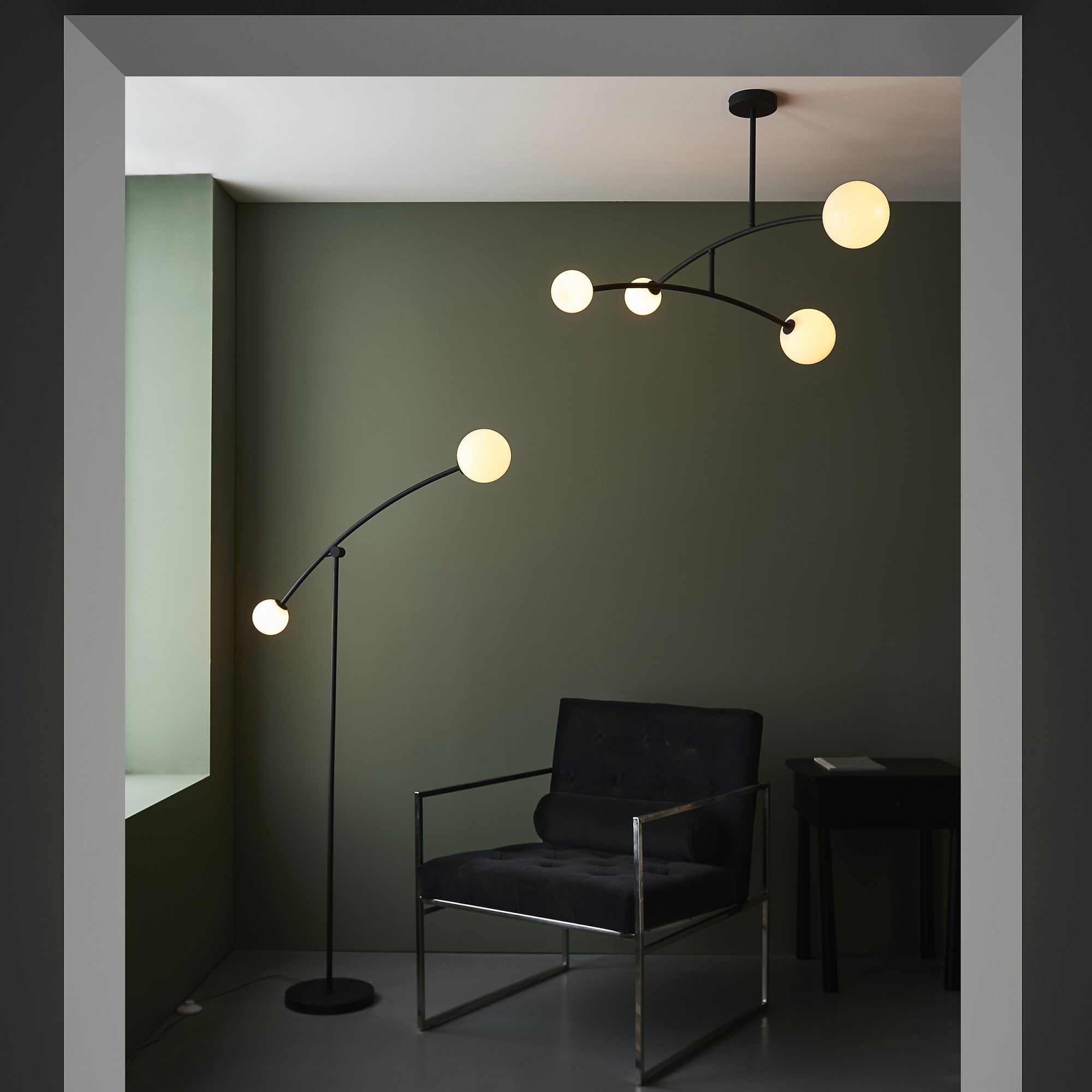 Utopia Moon 4 Light Semi Flush Pendant - Matt Black - 90cm Diameter