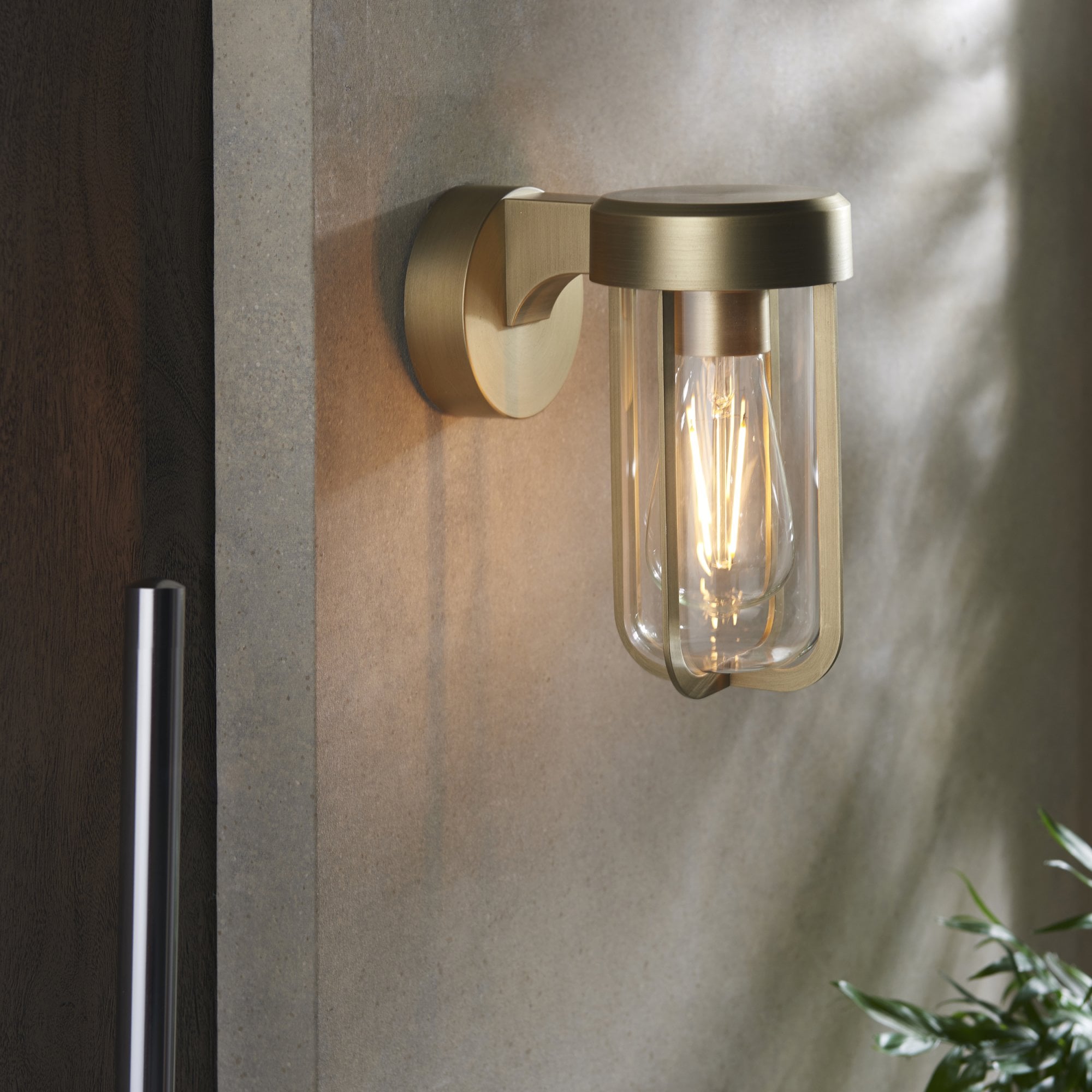Utopia Pluto IP44 Wall Light - Brushed Gold And Clear Glass - E27
