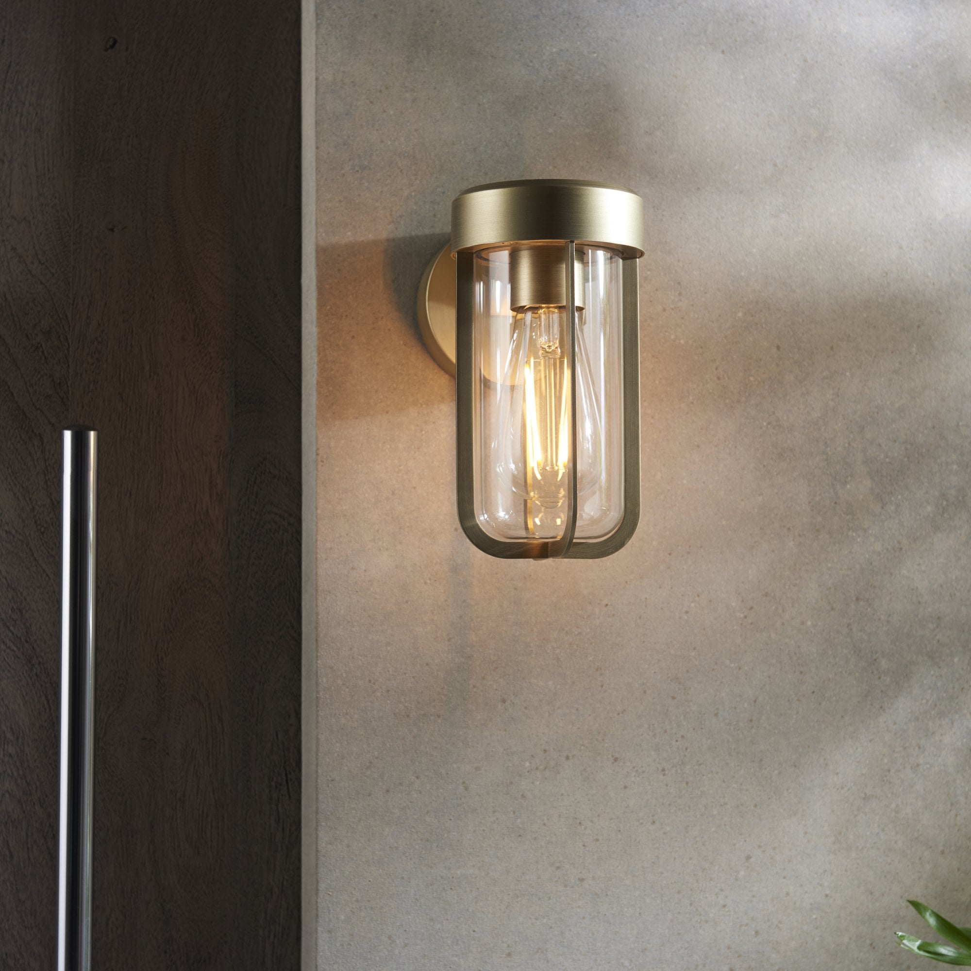 Utopia Pluto IP44 Wall Light - Brushed Gold And Clear Glass - E27