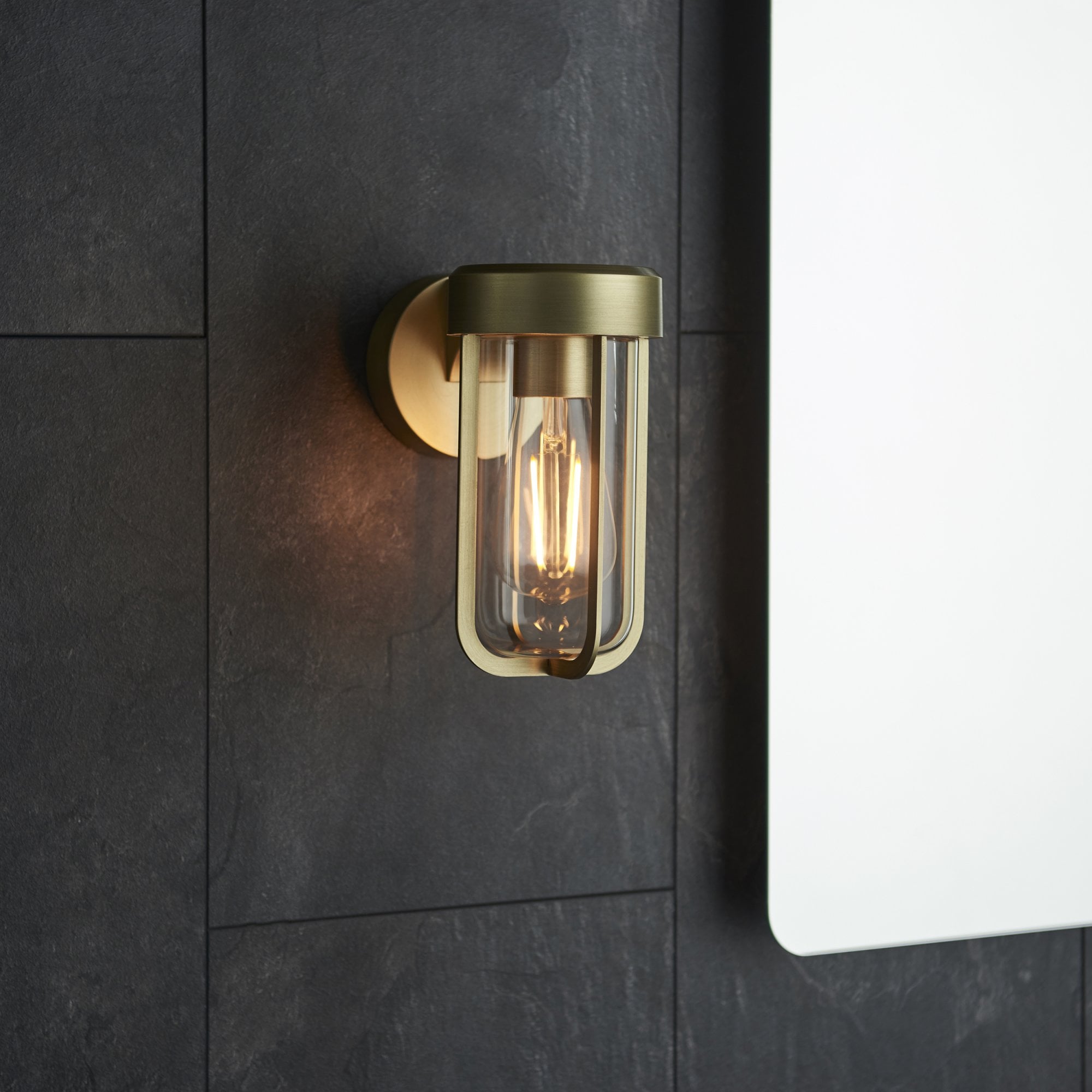 Utopia Pluto IP44 Wall Light - Brushed Gold And Clear Glass - E27