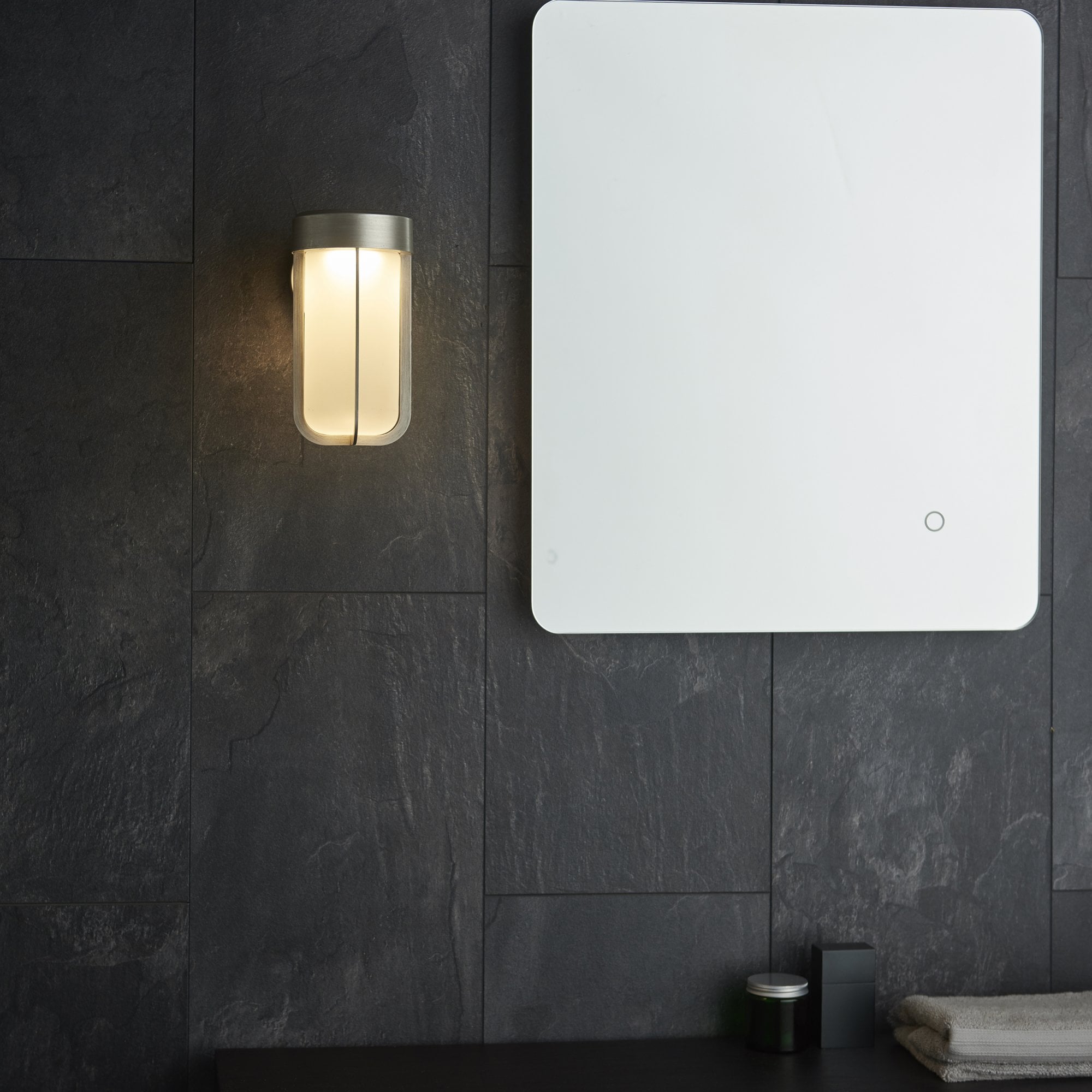 Utopia Pluto IP44 Wall Light - Brushed Silver And Frosted Glass - Integrated LED