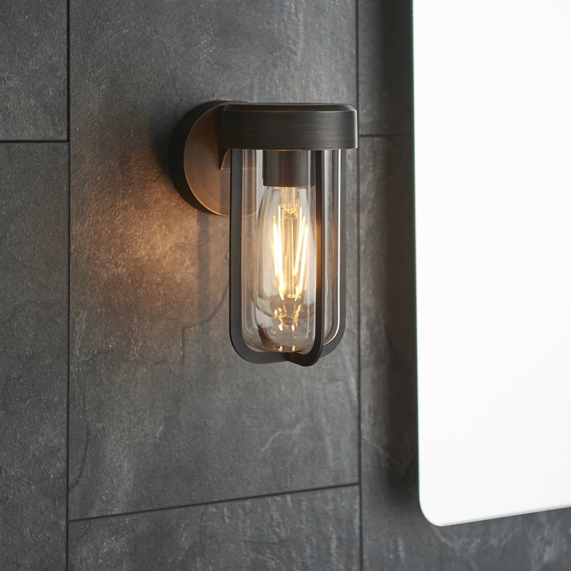 Utopia Pluto IP44 Wall Light - Brushed Bronze And Clear Glass - E27
