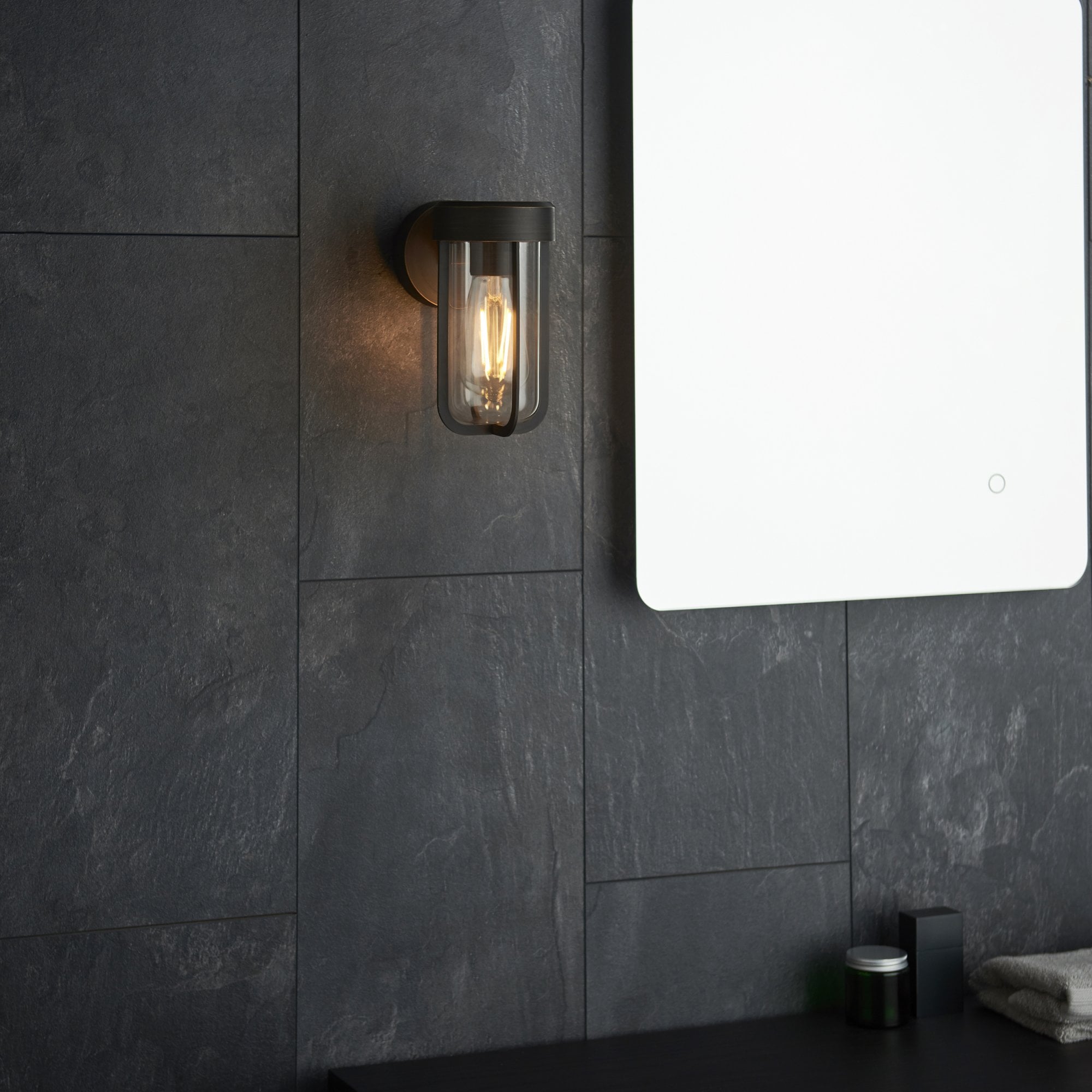 Utopia Pluto IP44 Wall Light - Brushed Bronze And Clear Glass - E27